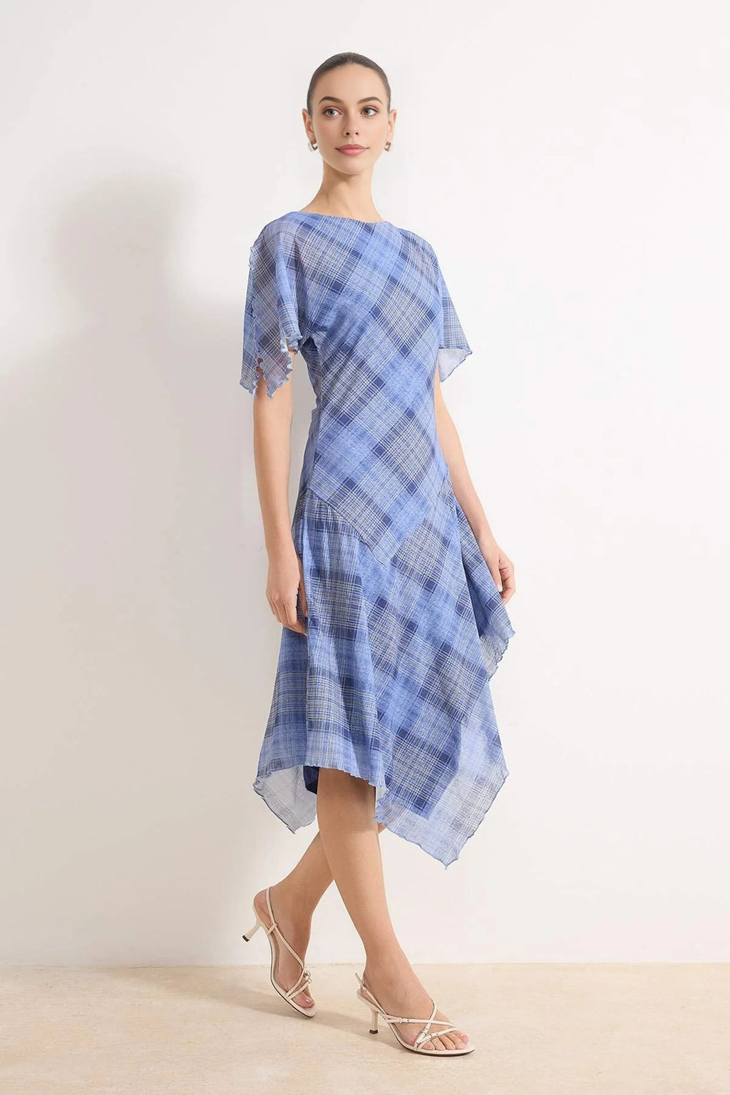 Plaid Angel Sleeve Ruffled Midi Knit Dress