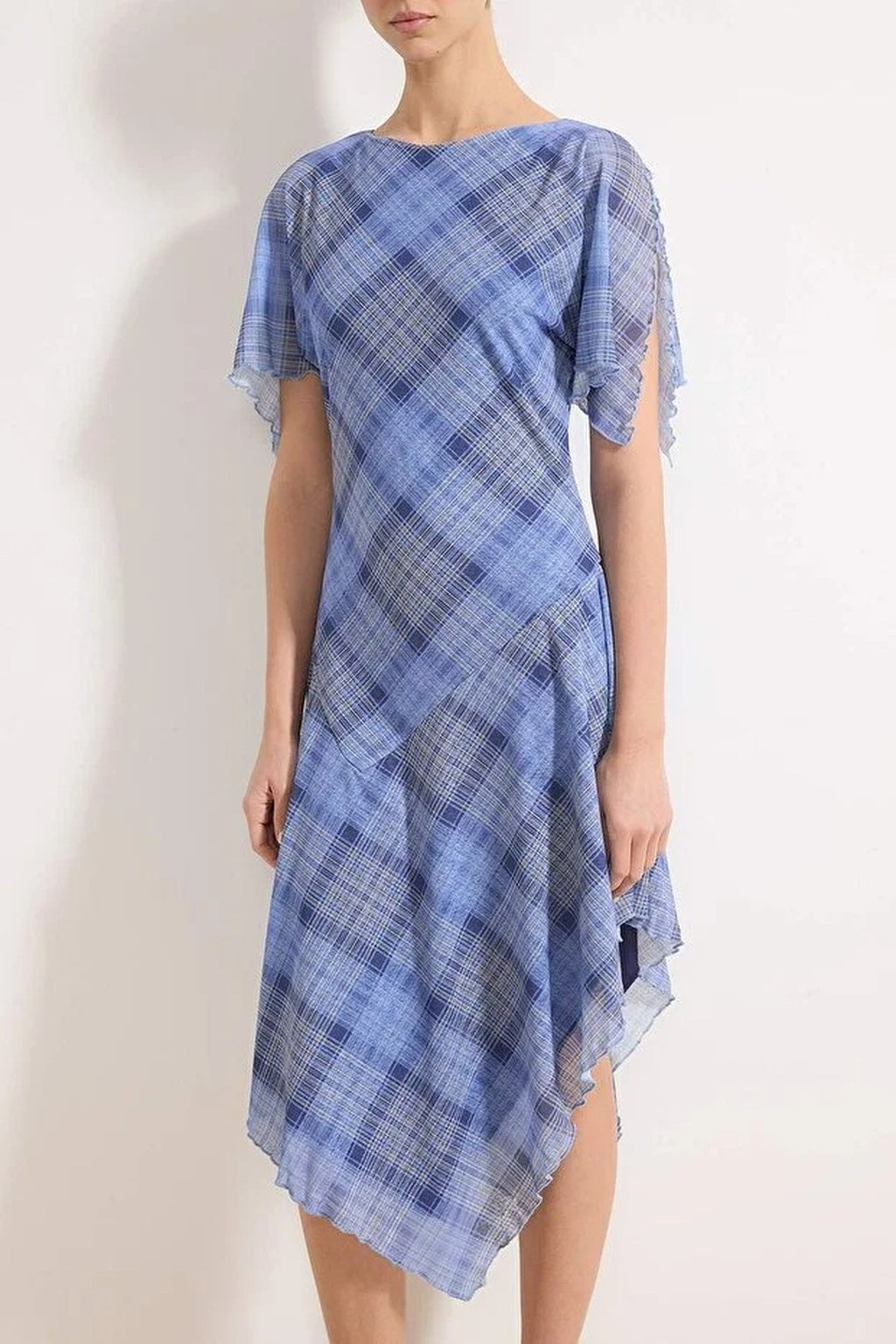 Plaid Angel Sleeve Ruffled Midi Knit Dress