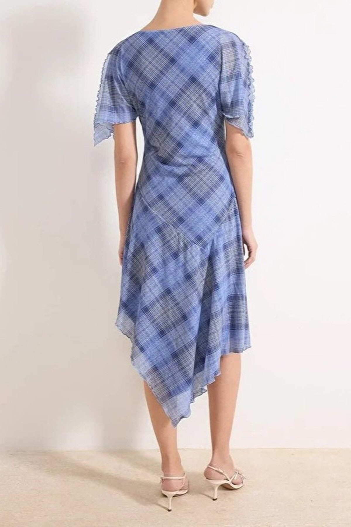 Plaid Angel Sleeve Ruffled Midi Knit Dress