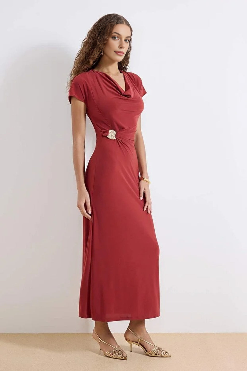 A-Line V-Neck Maxi Stretch Knit Dress with Accessory Details