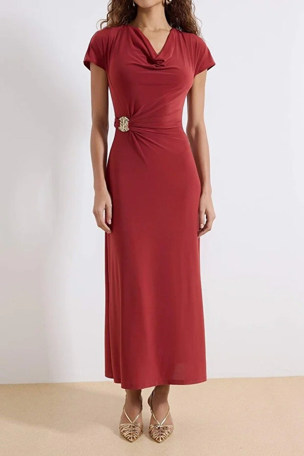 A-Line V-Neck Maxi Stretch Knit Dress with Accessory Details