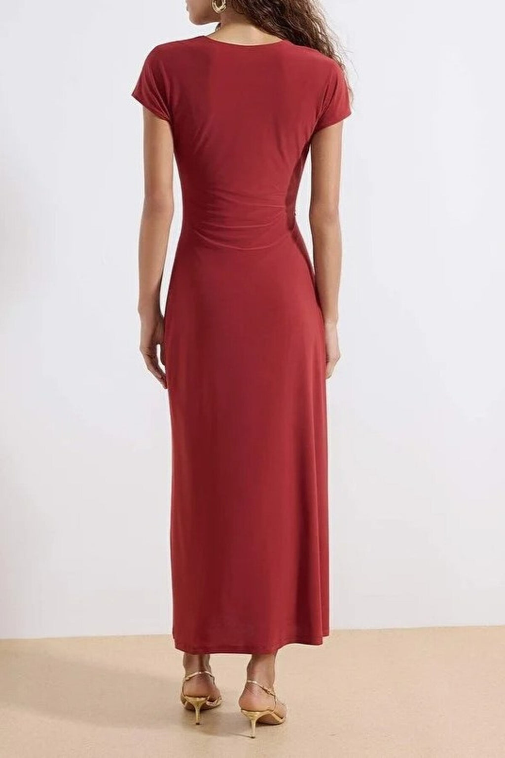 A-Line V-Neck Maxi Stretch Knit Dress with Accessory Details
