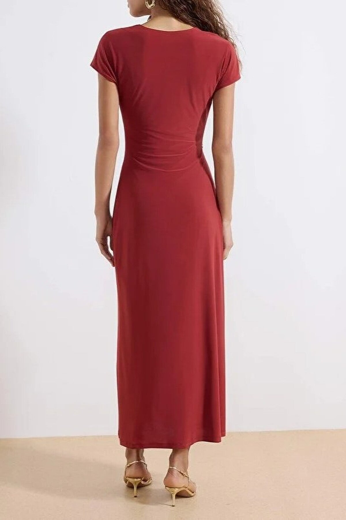 A-Line V-Neck Maxi Stretch Knit Dress with Accessory Details