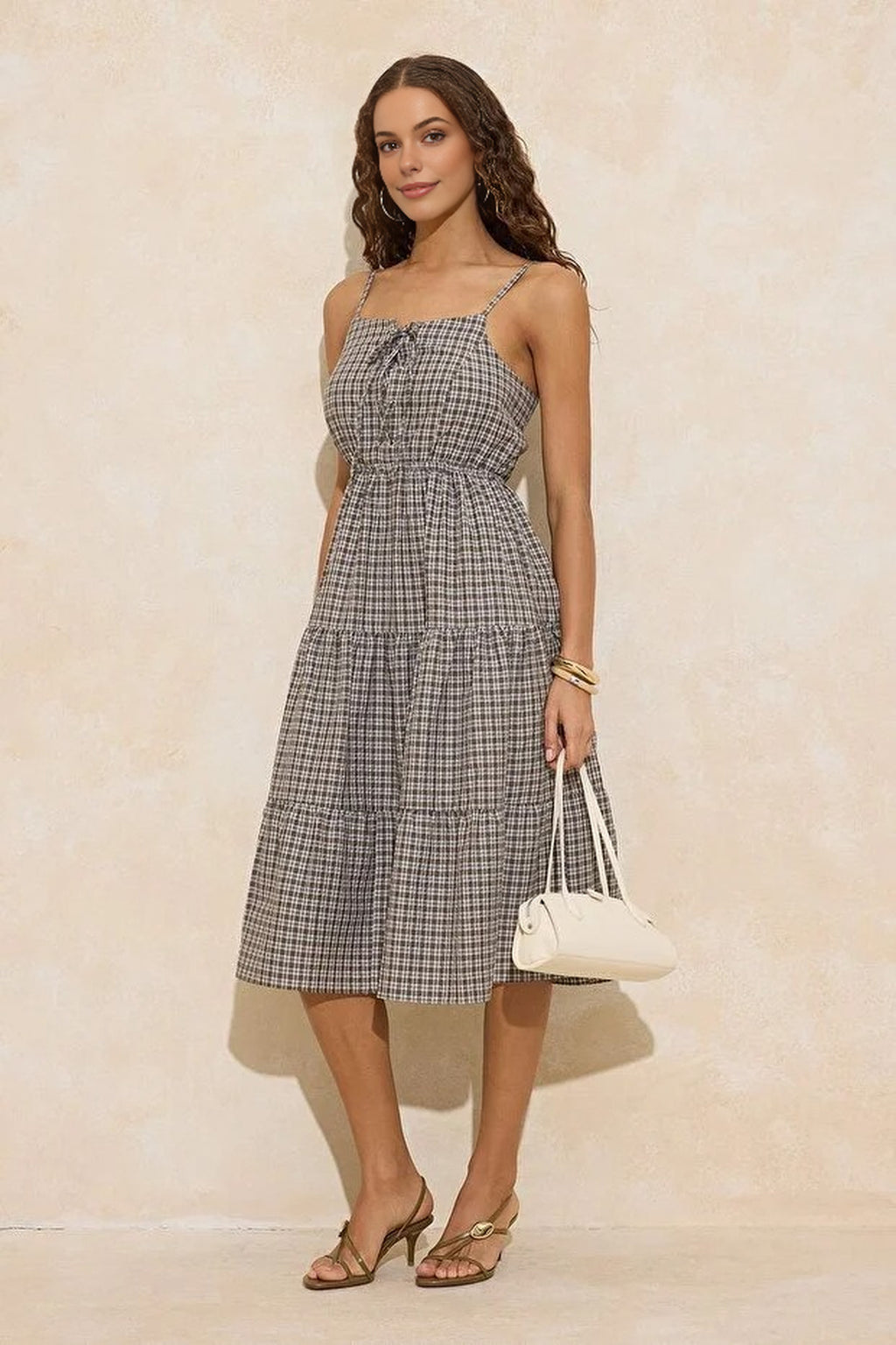 Checked Tie-Detail Midi Woven Dress