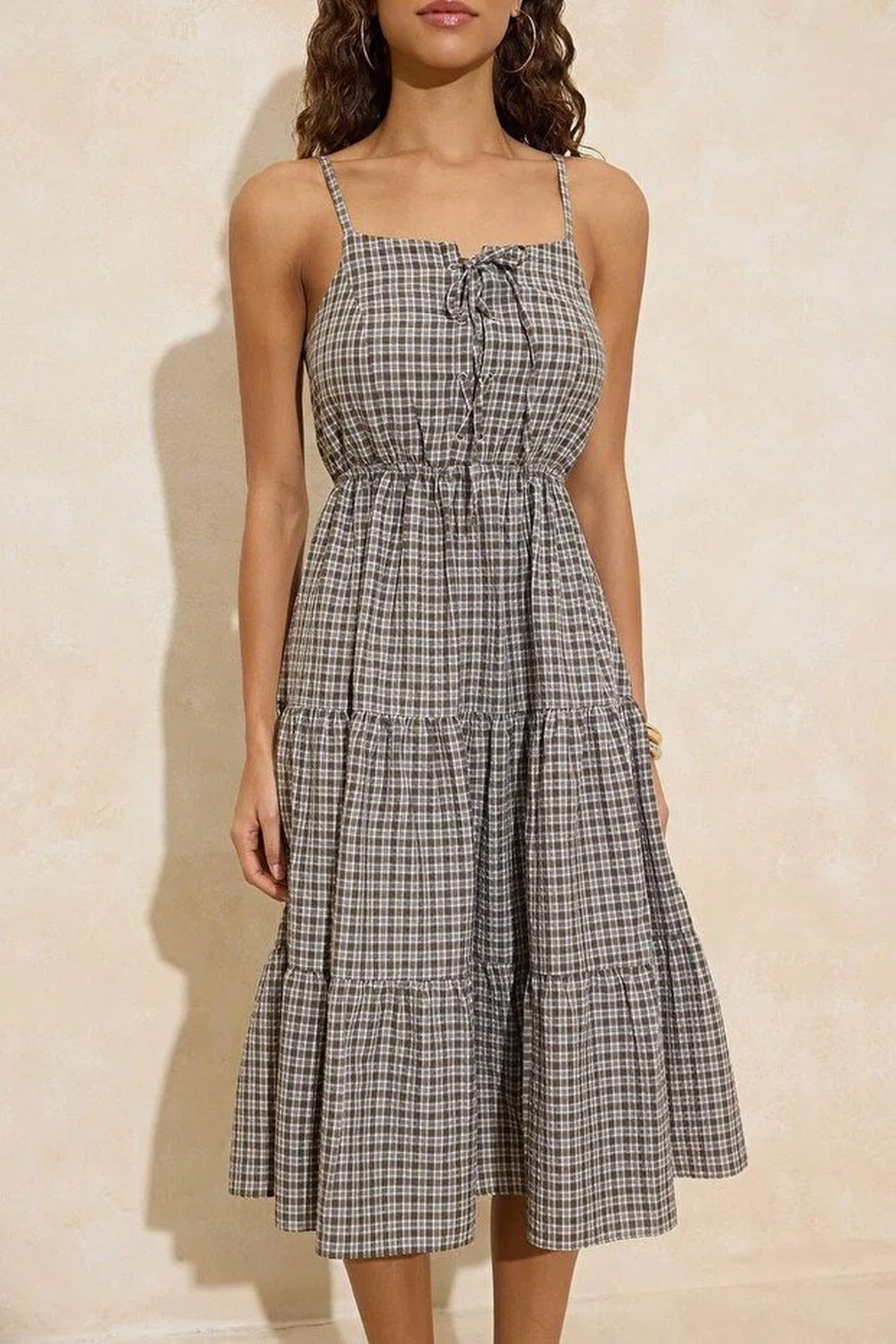 Checked Tie-Detail Midi Woven Dress