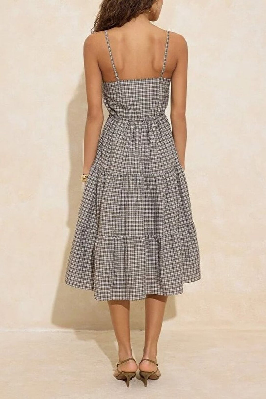 Checked Tie-Detail Midi Woven Dress