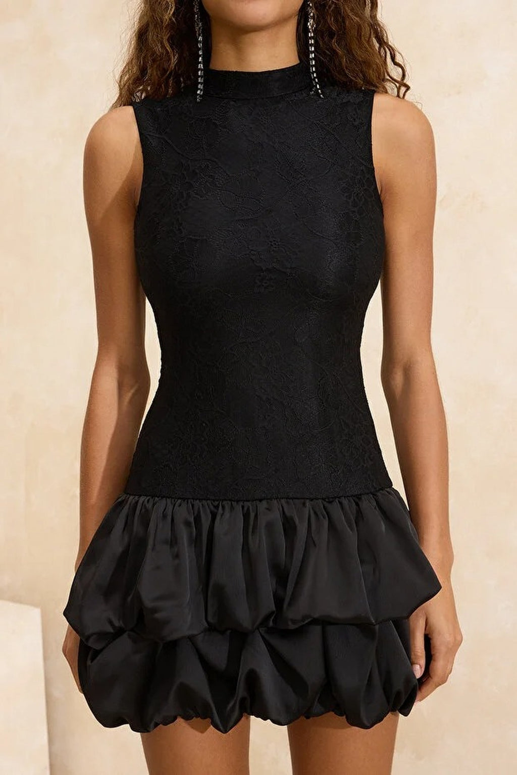 Lace Mini Lined Evening Dress with Balloon Skirt Detail