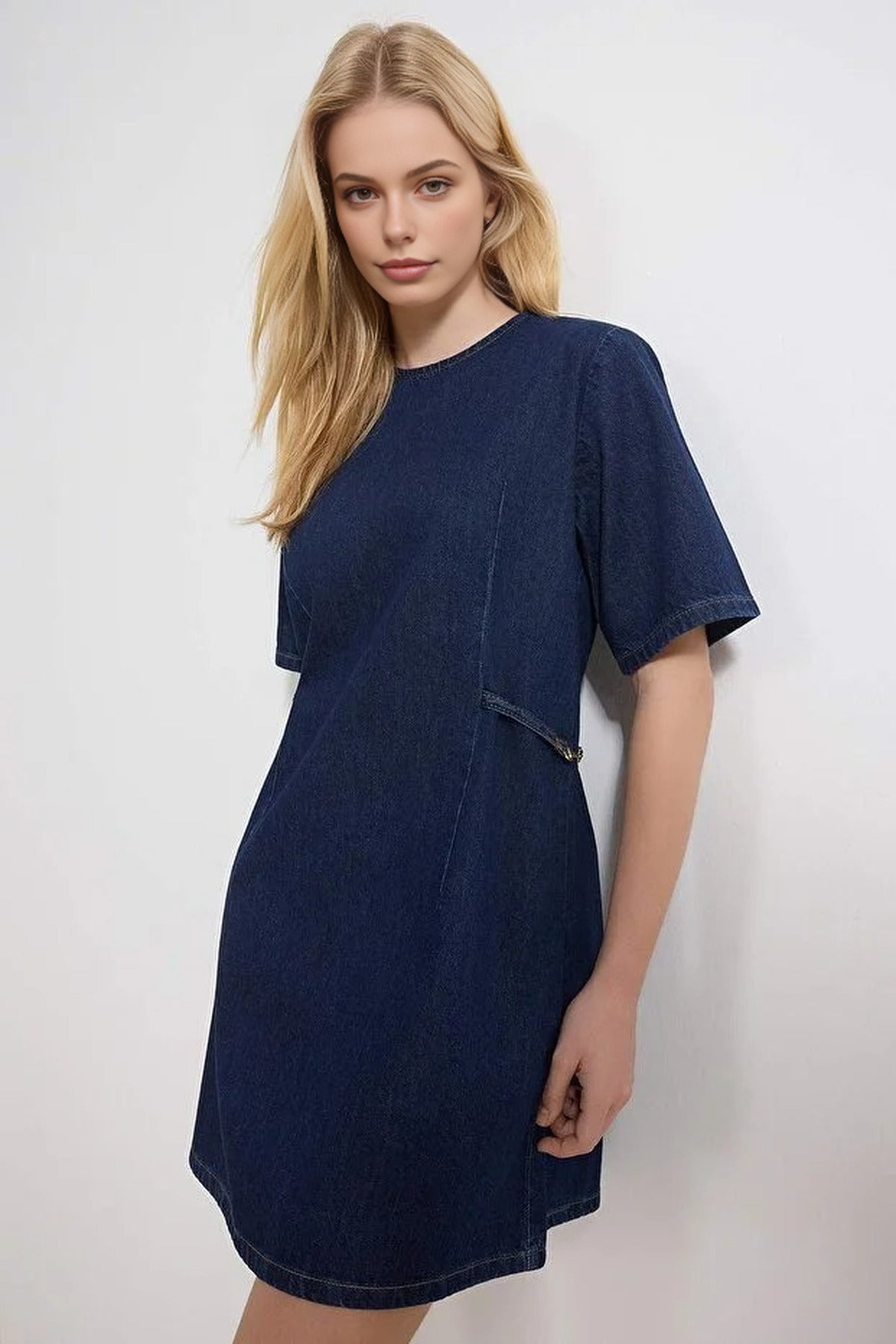 Draped 100% Cotton Denim Mini Dress with Accessory Details