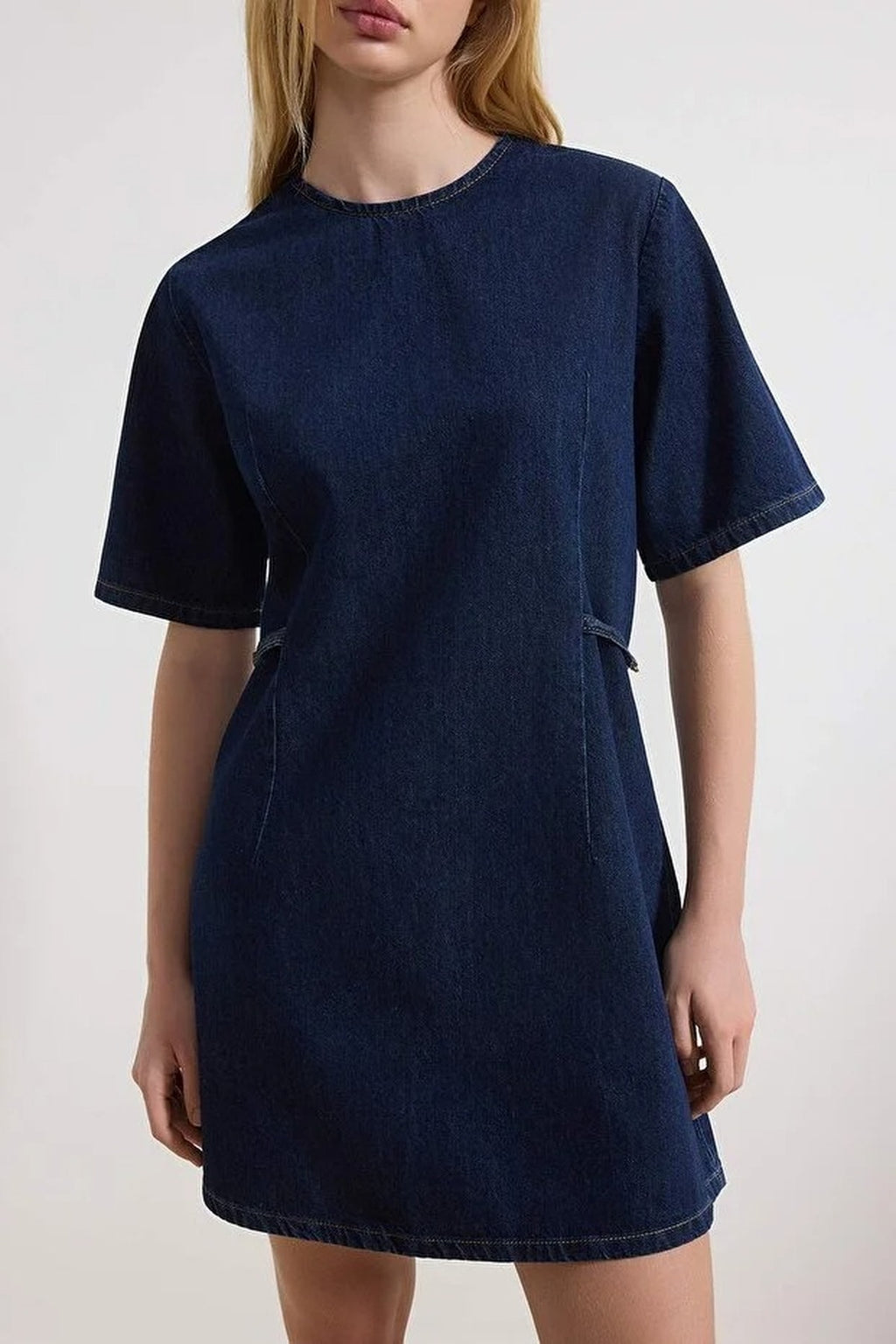 Draped 100% Cotton Denim Mini Dress with Accessory Details