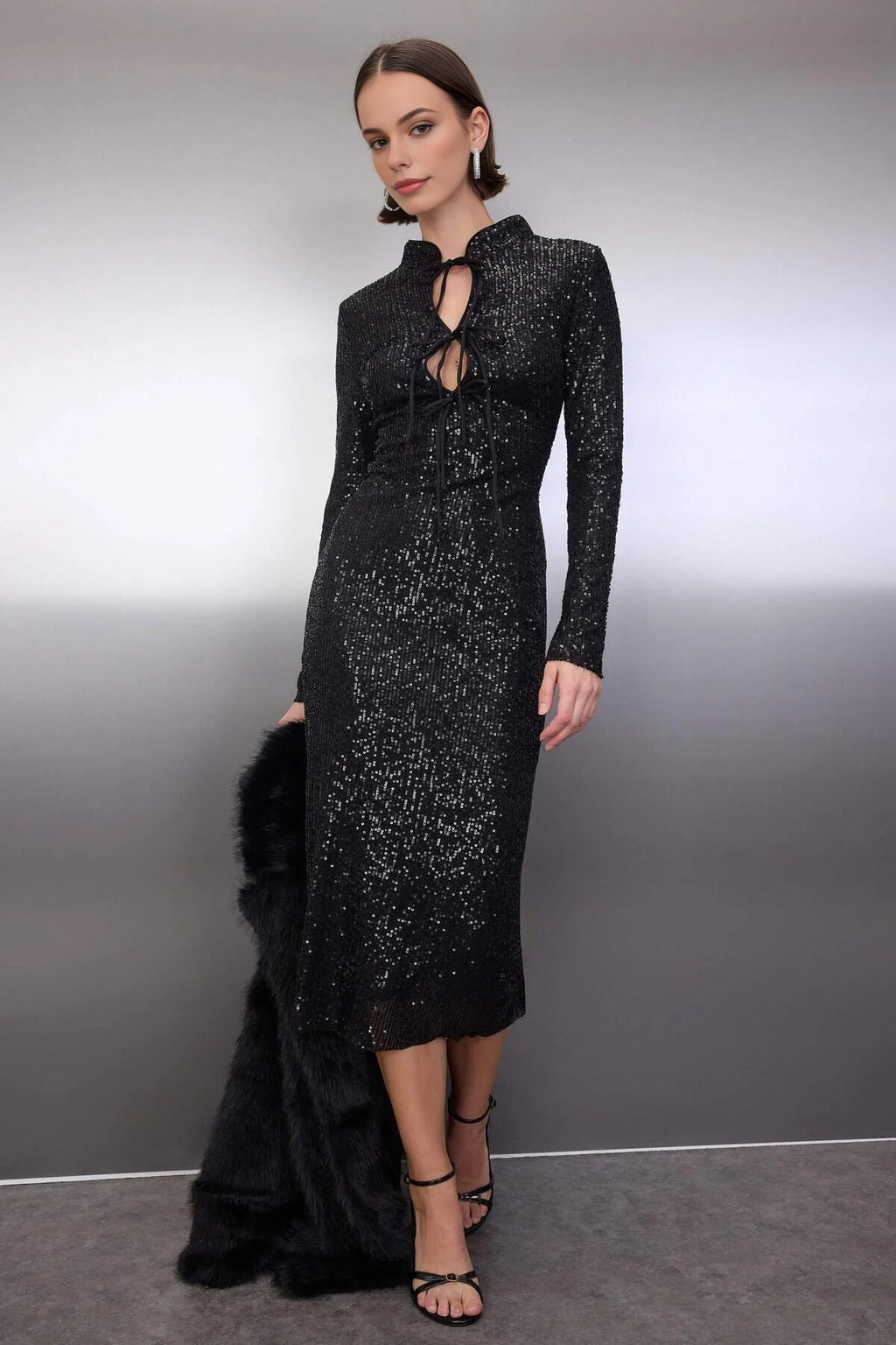 Sequin Midi Lined Evening Dress with Tie Detail