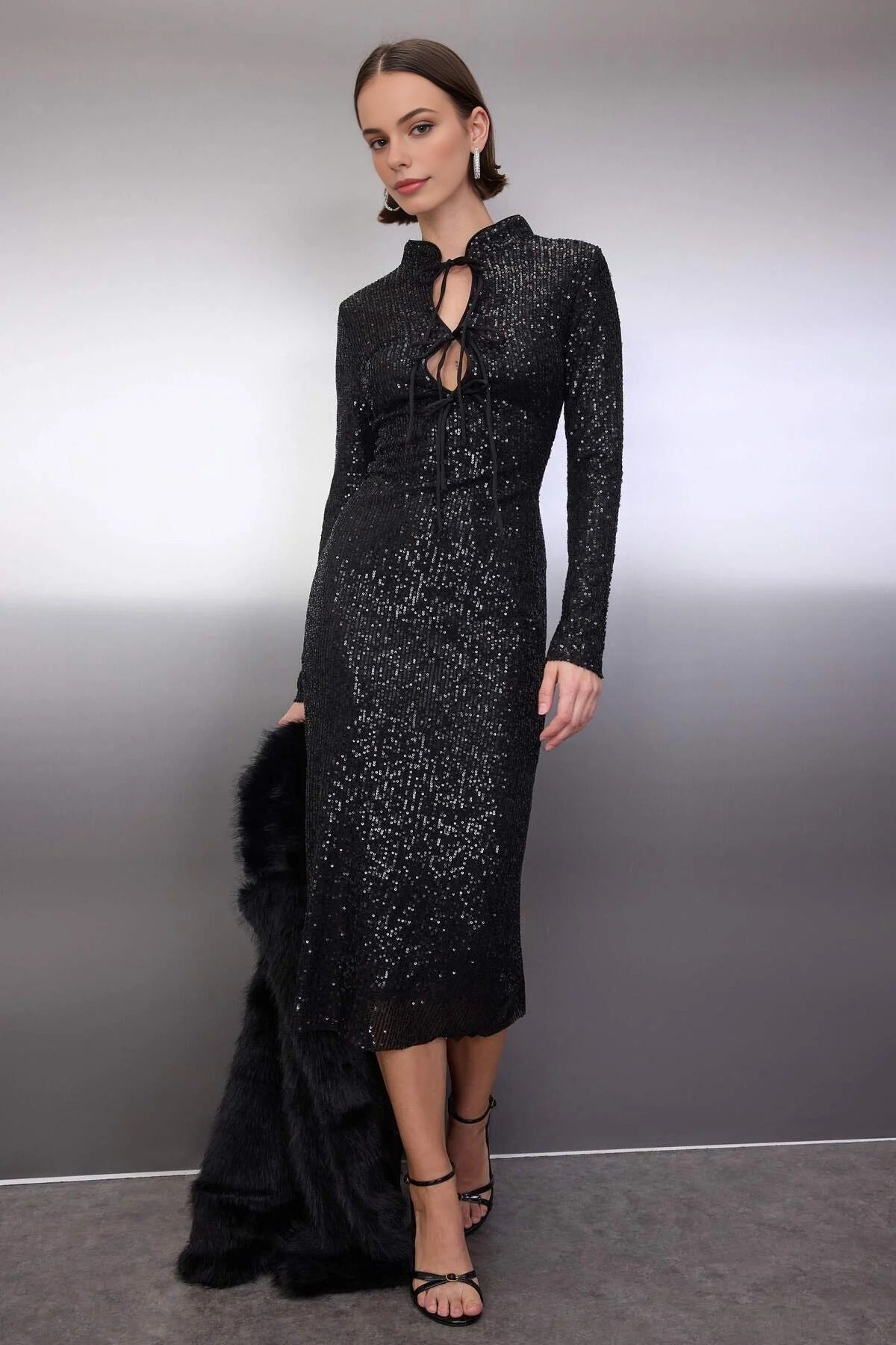 Sequin Midi Lined Evening Dress with Tie Detail