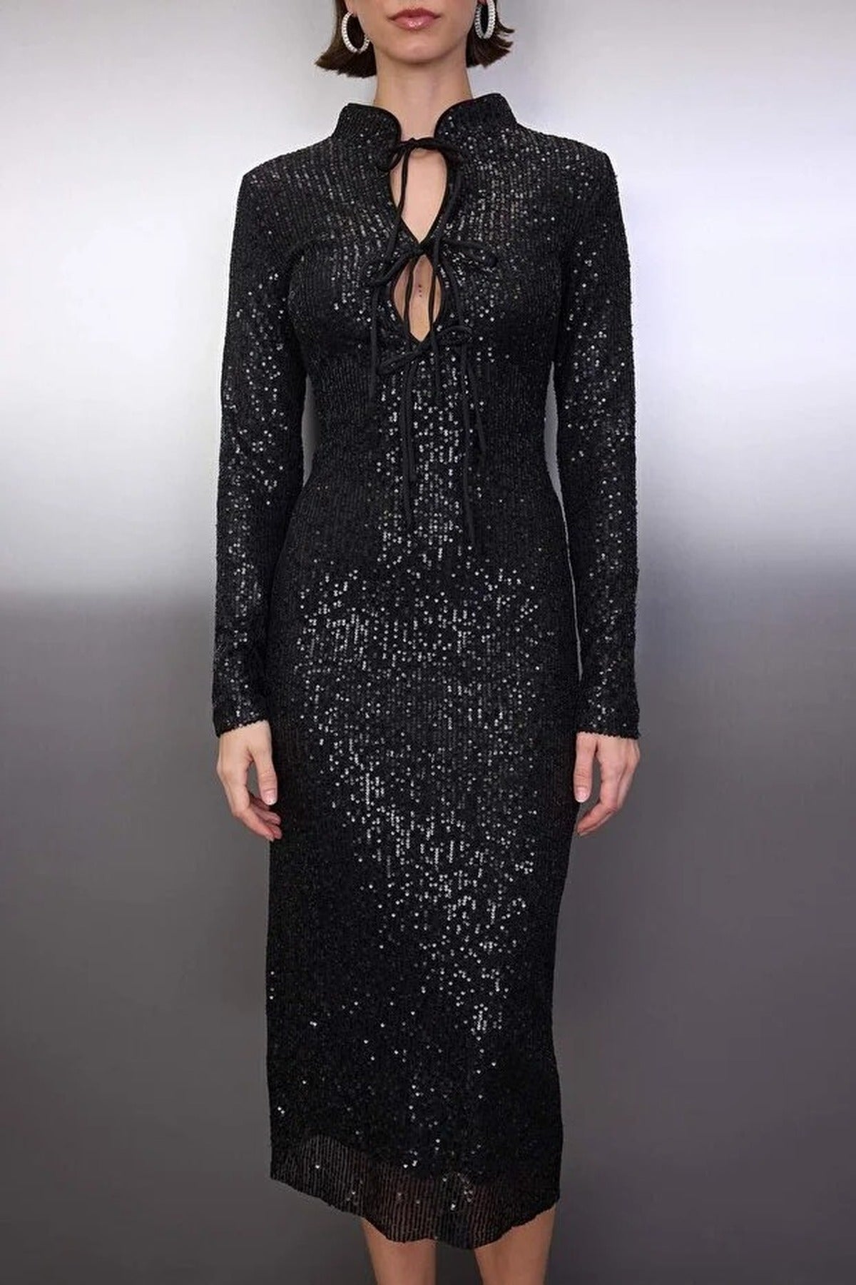 Sequin Midi Lined Evening Dress with Tie Detail