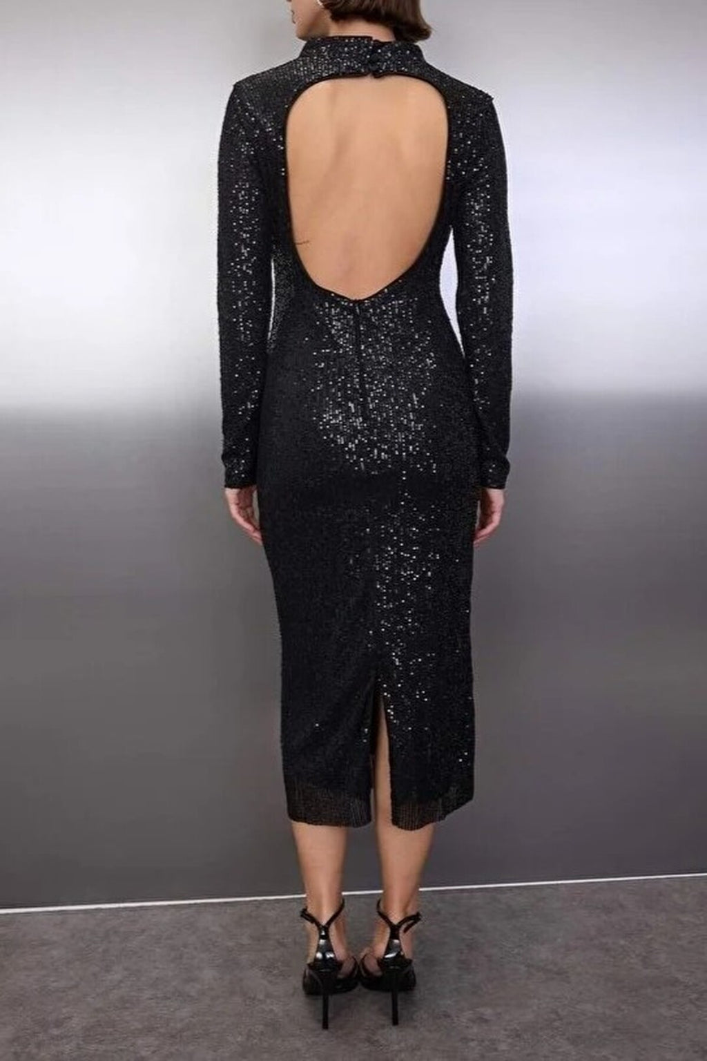Sequin Midi Lined Evening Dress with Tie Detail