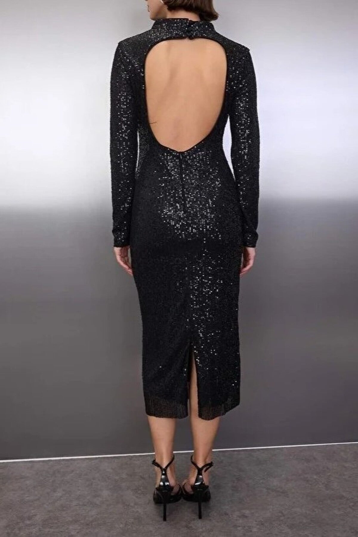 Sequin Midi Lined Evening Dress with Tie Detail