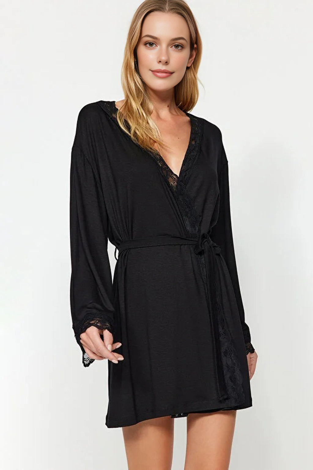 Viscose Knit Dressing Gown with Belt and Lace Detail