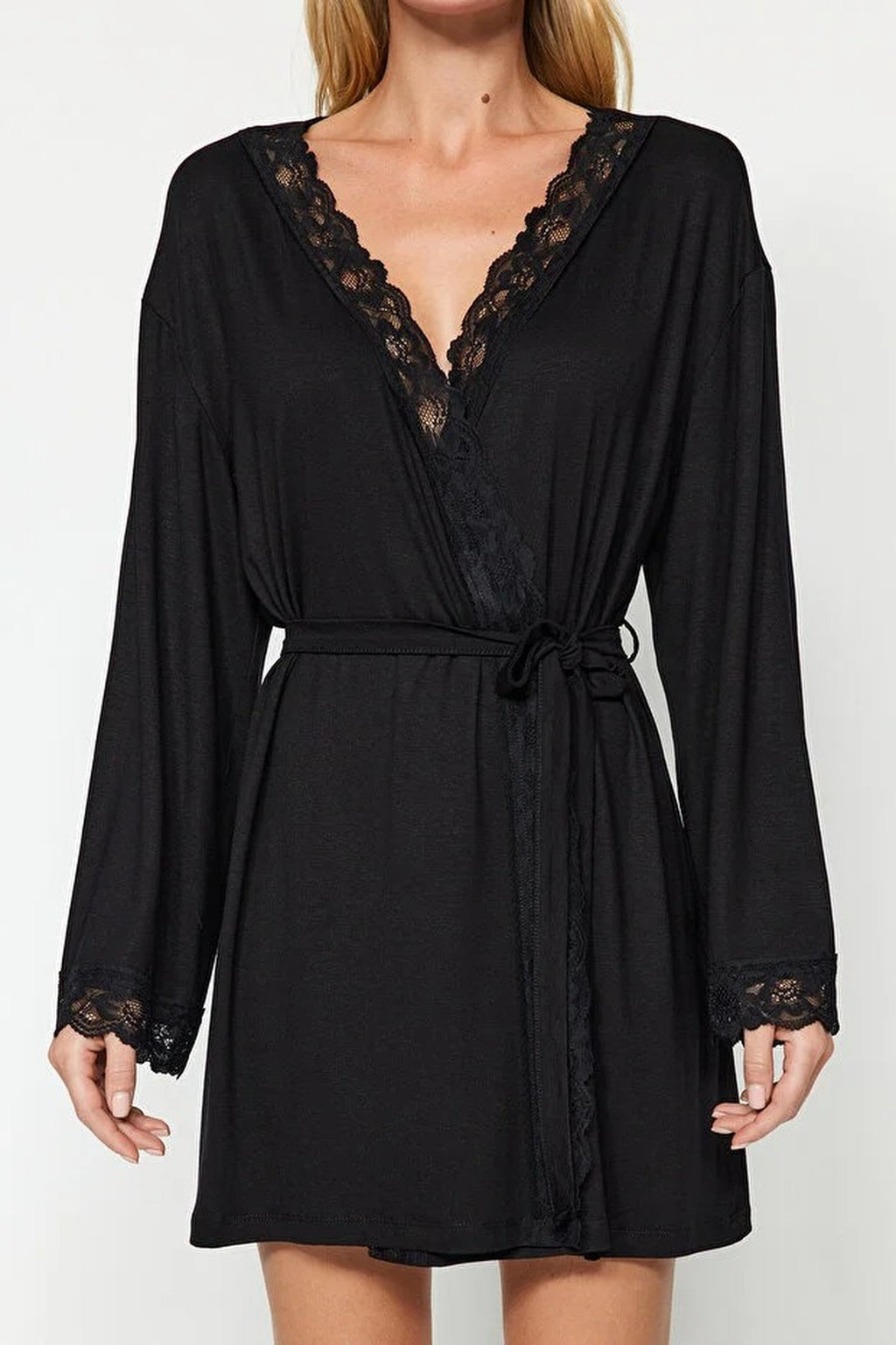 Viscose Knit Dressing Gown with Belt and Lace Detail