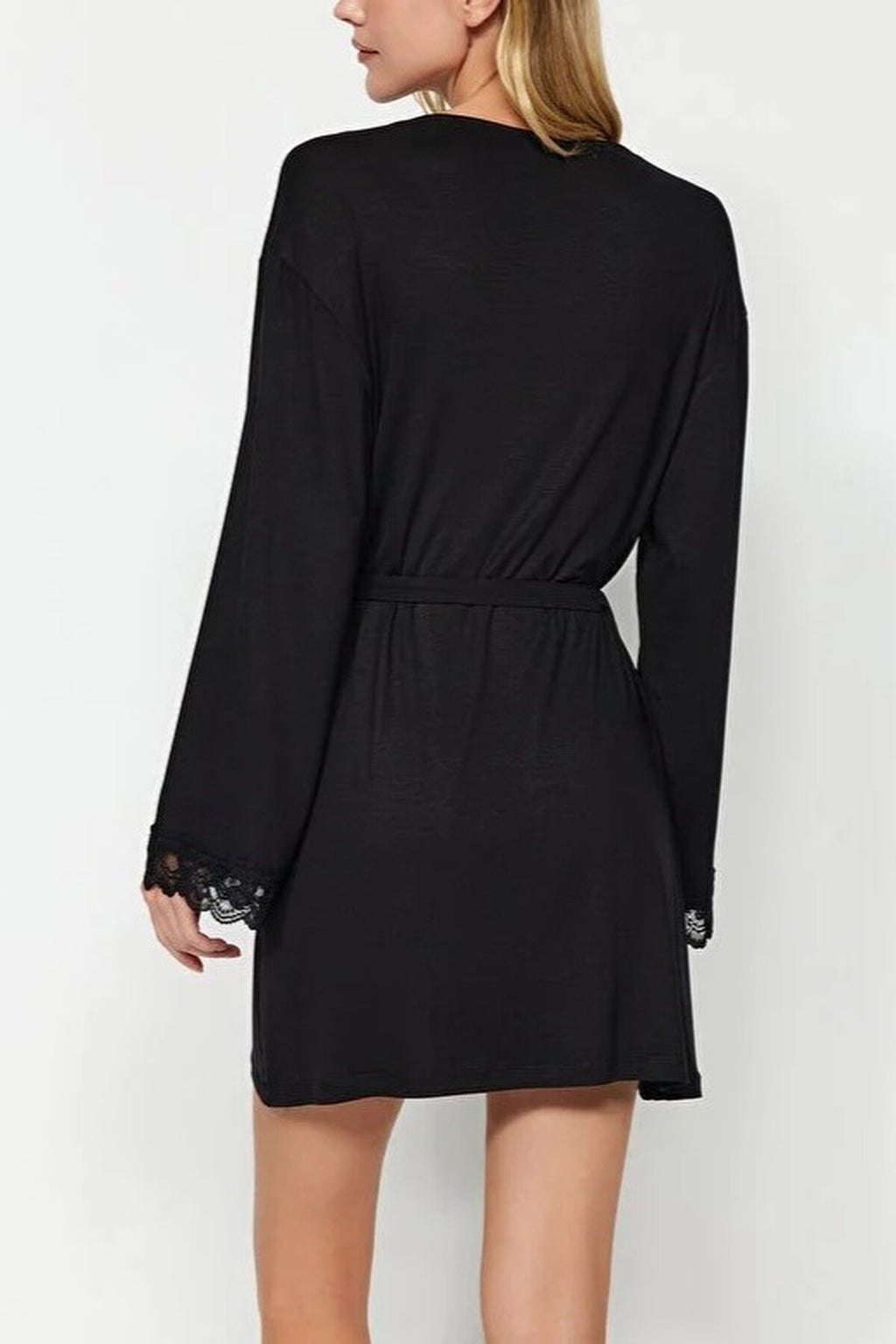 Viscose Knit Dressing Gown with Belt and Lace Detail