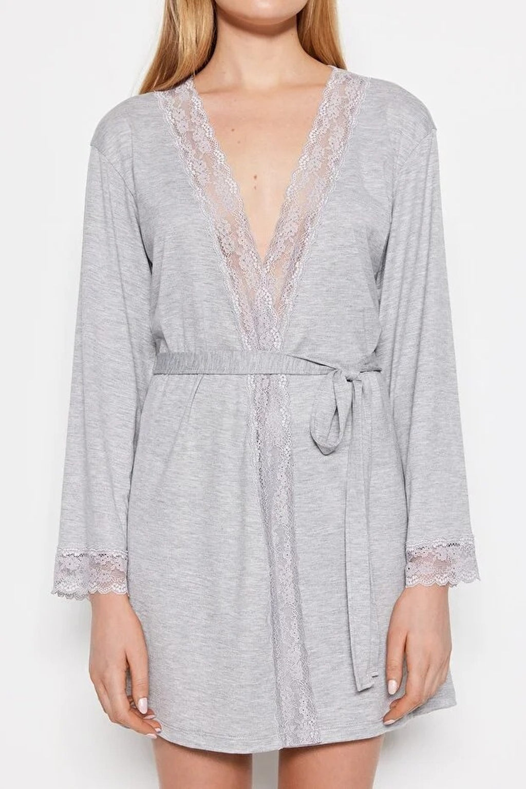 Viscose Knit Dressing Gown with Belt and Lace Detail