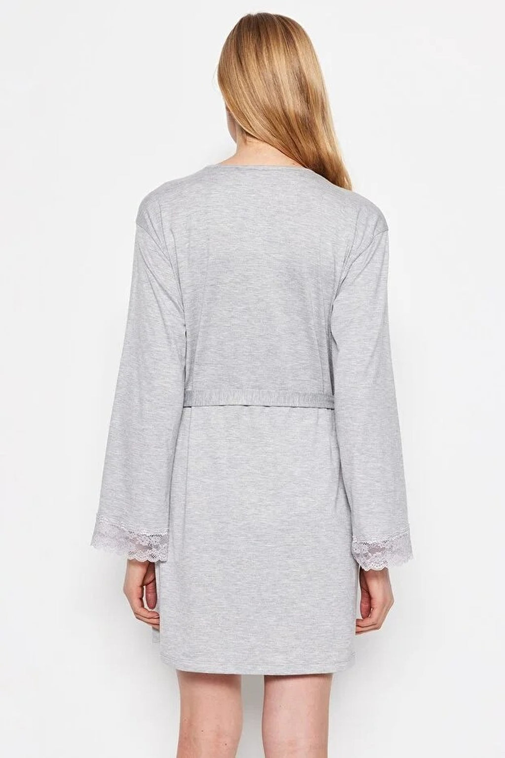 Viscose Knit Dressing Gown with Belt and Lace Detail