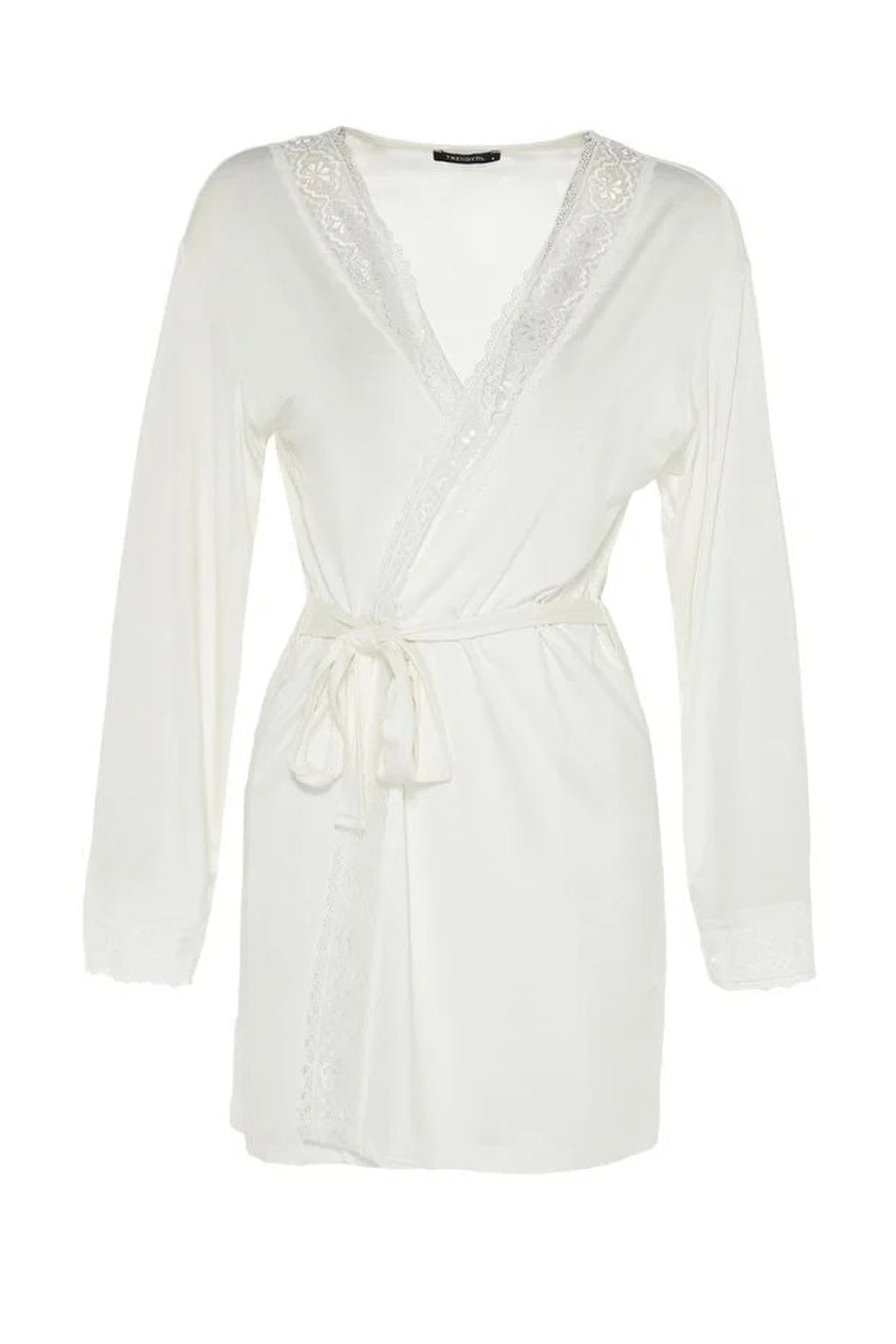 Viscose Knit Dressing Gown with Belt and Lace Detail
