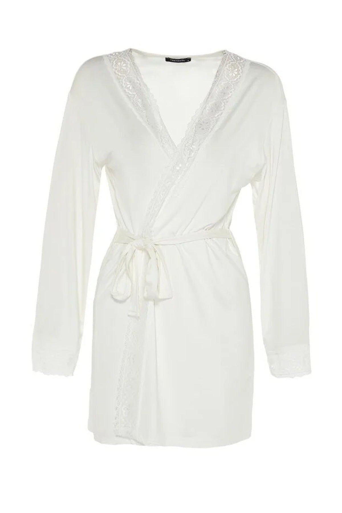 Viscose Knit Dressing Gown with Belt and Lace Detail