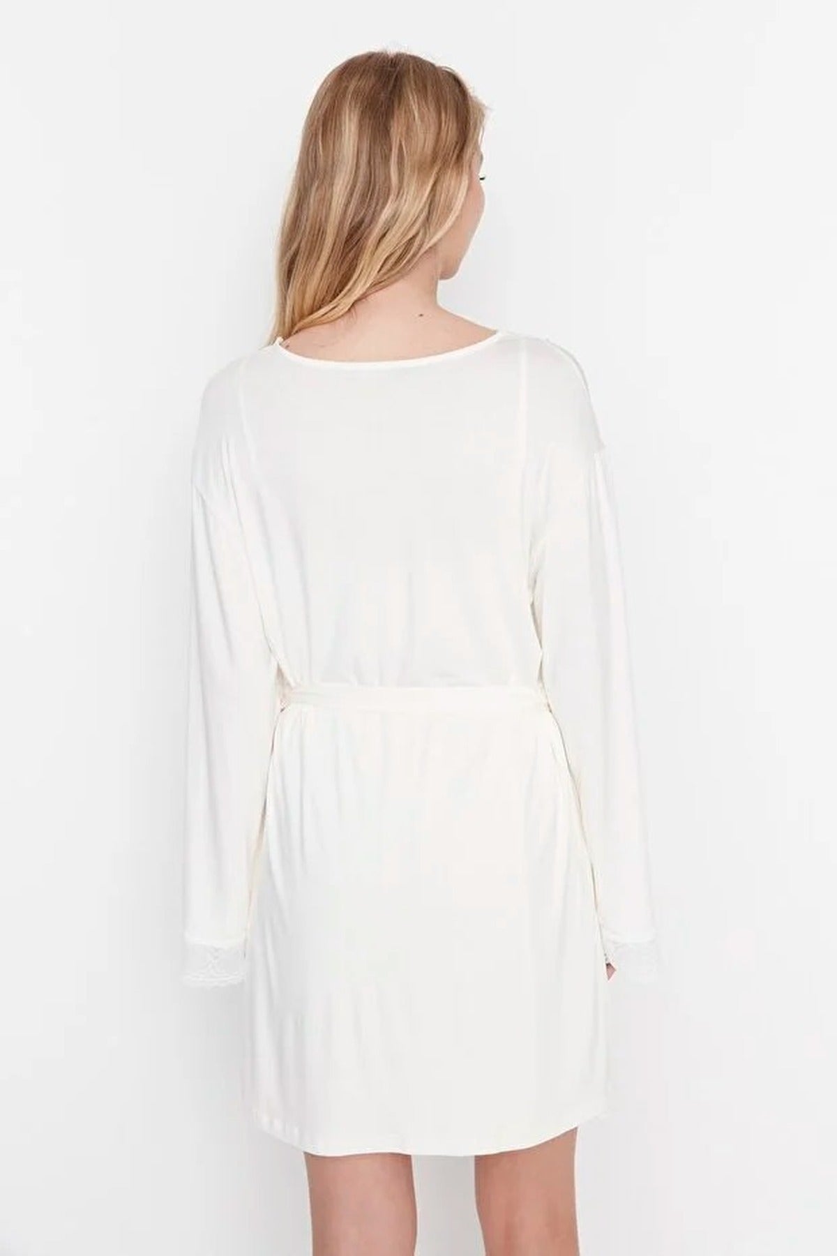 Viscose Knit Dressing Gown with Belt and Lace Detail