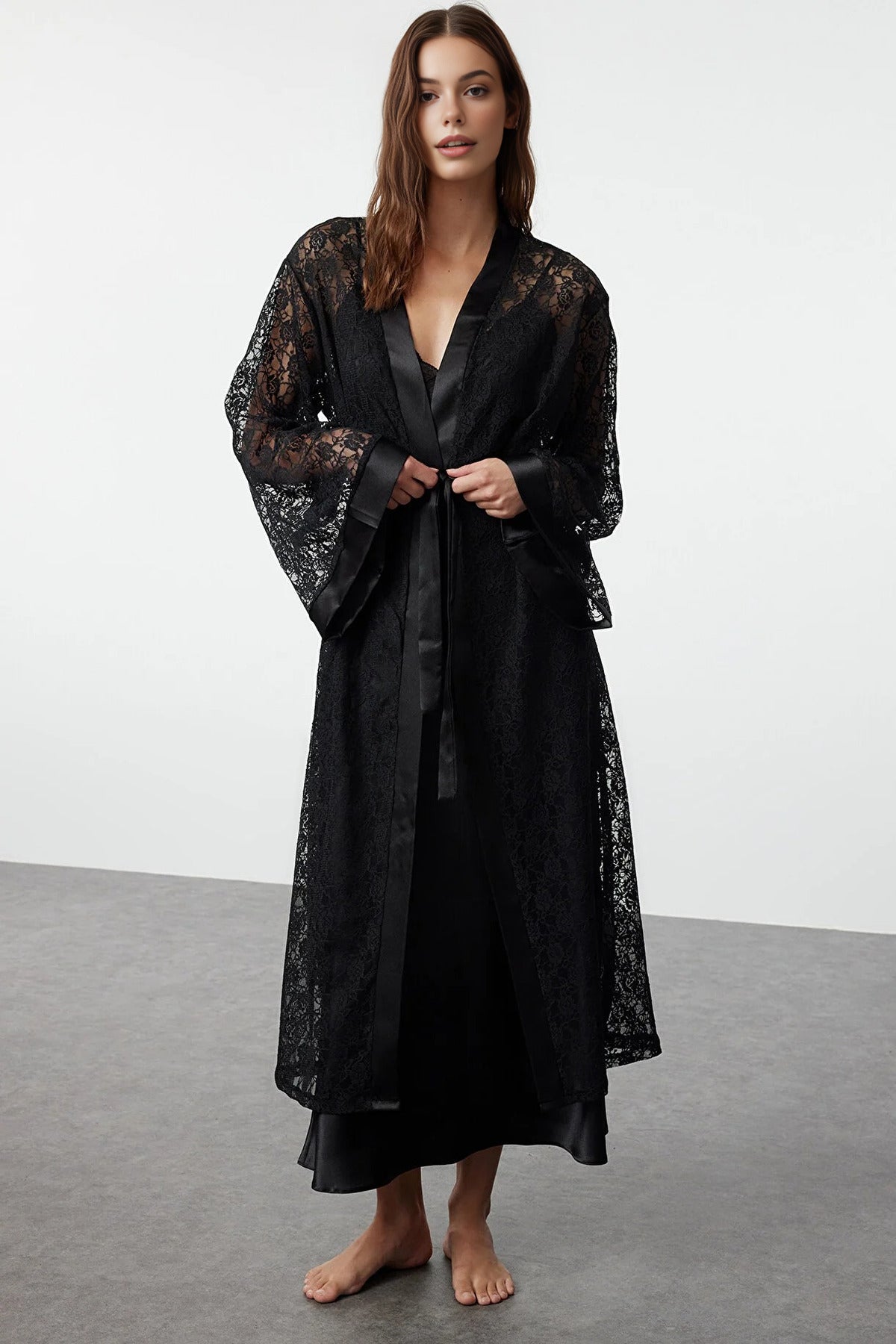 Belted Lace Knit Dressing Gown with Satin Band Detail