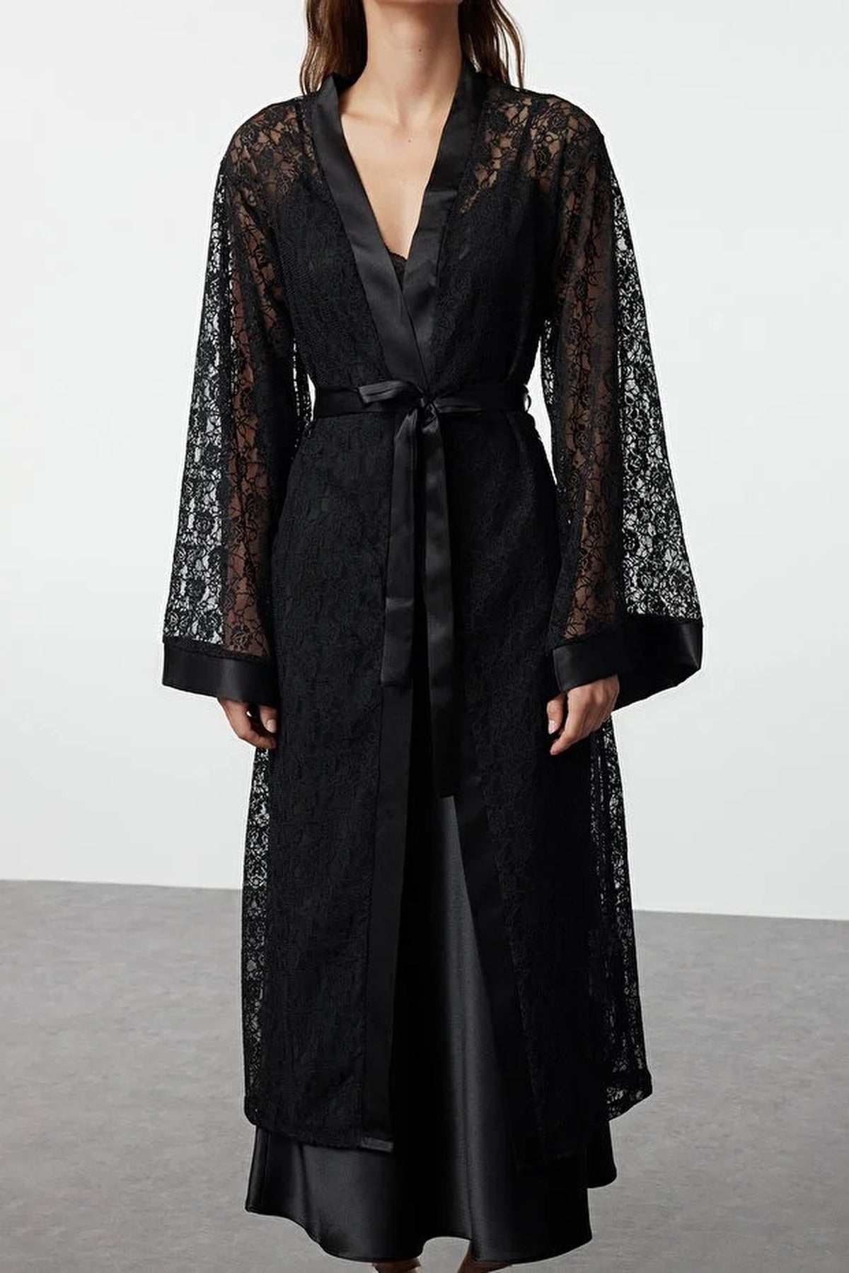 Belted Lace Knit Dressing Gown with Satin Band Detail