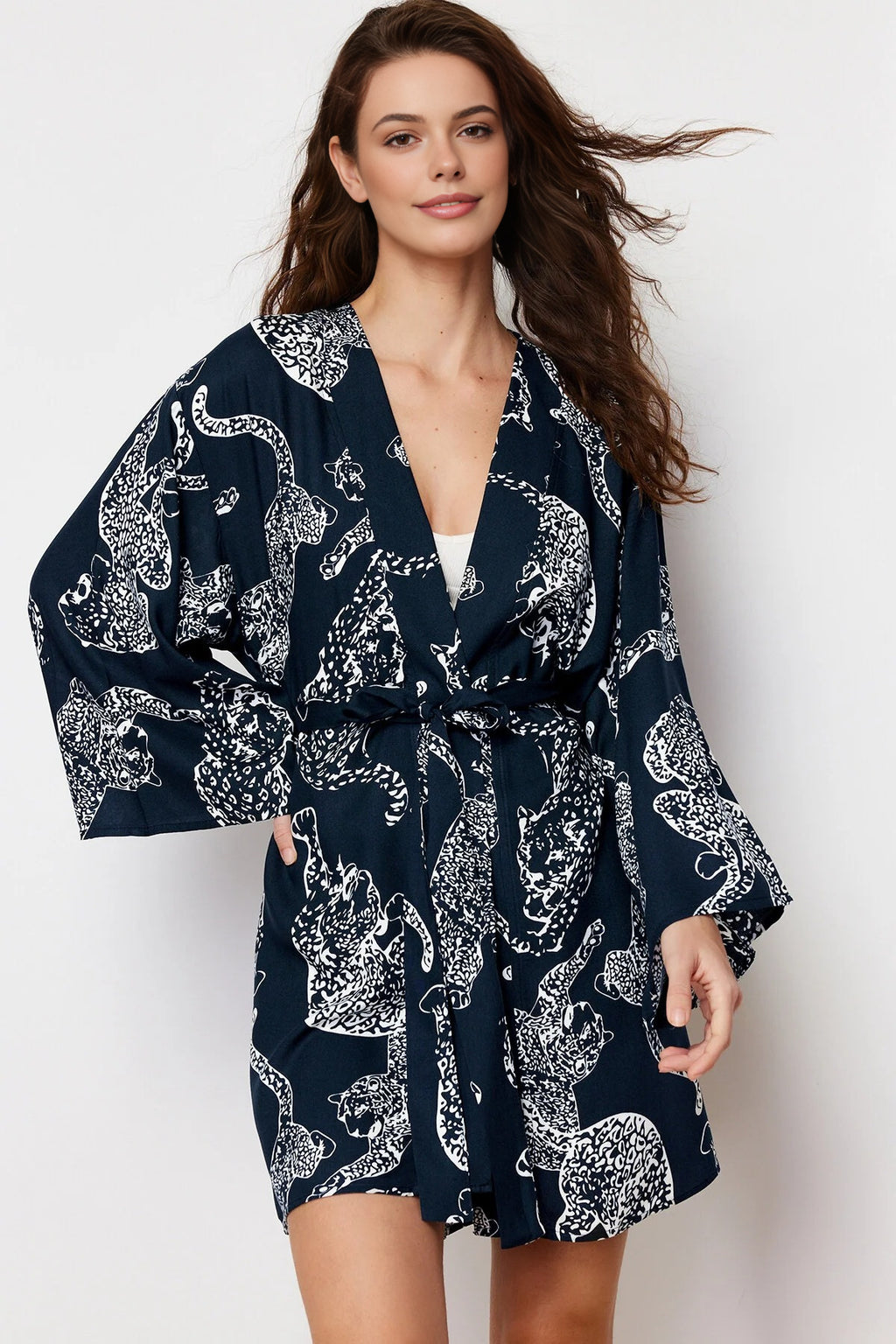 Belted Animal Print Viscose Woven Dressing Gown