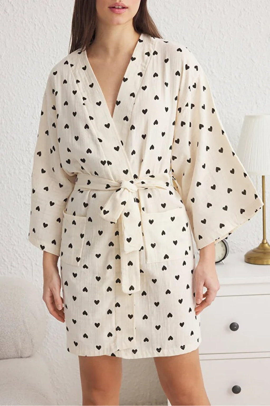 100% Cotton Heart Print Belted Muslin Woven Dressing Gown