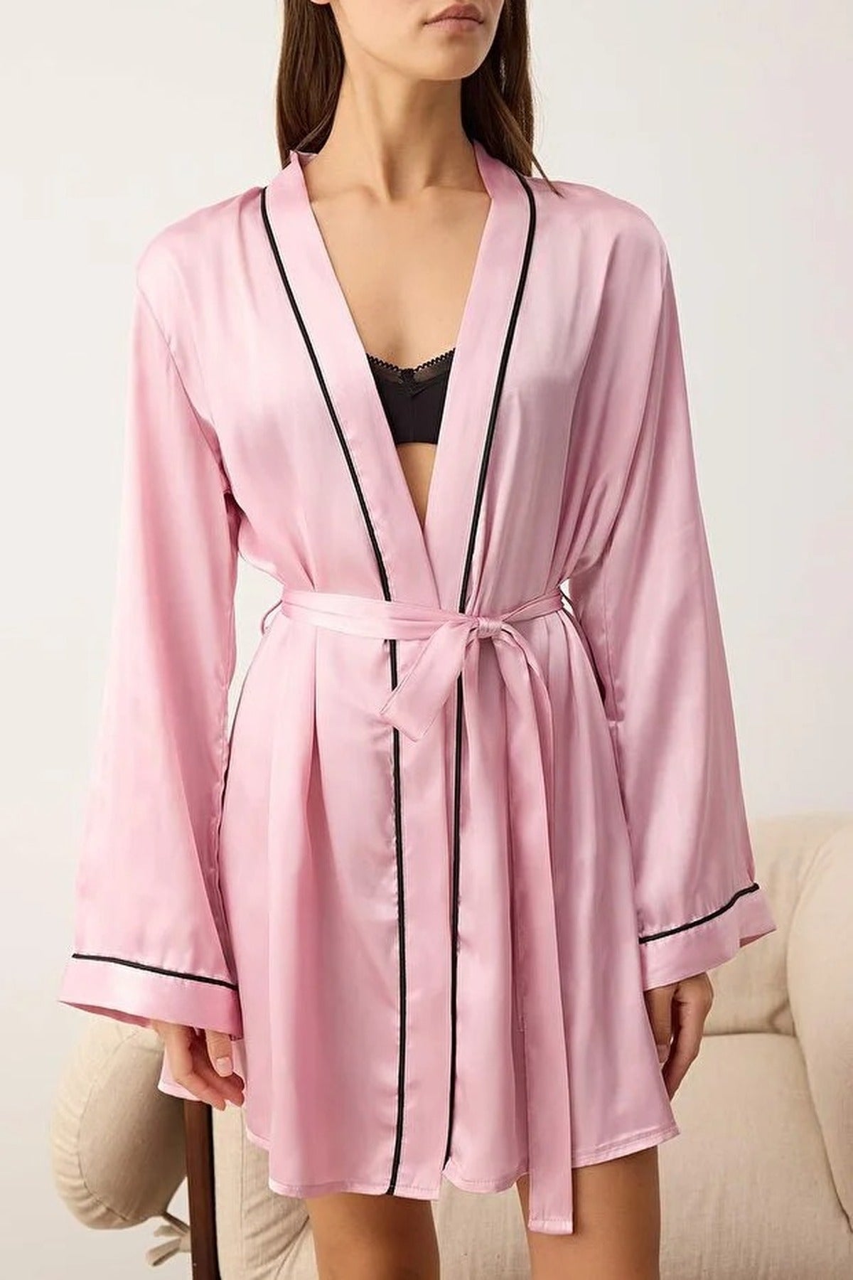 Satin Woven Dressing Gown with Stripes Detail