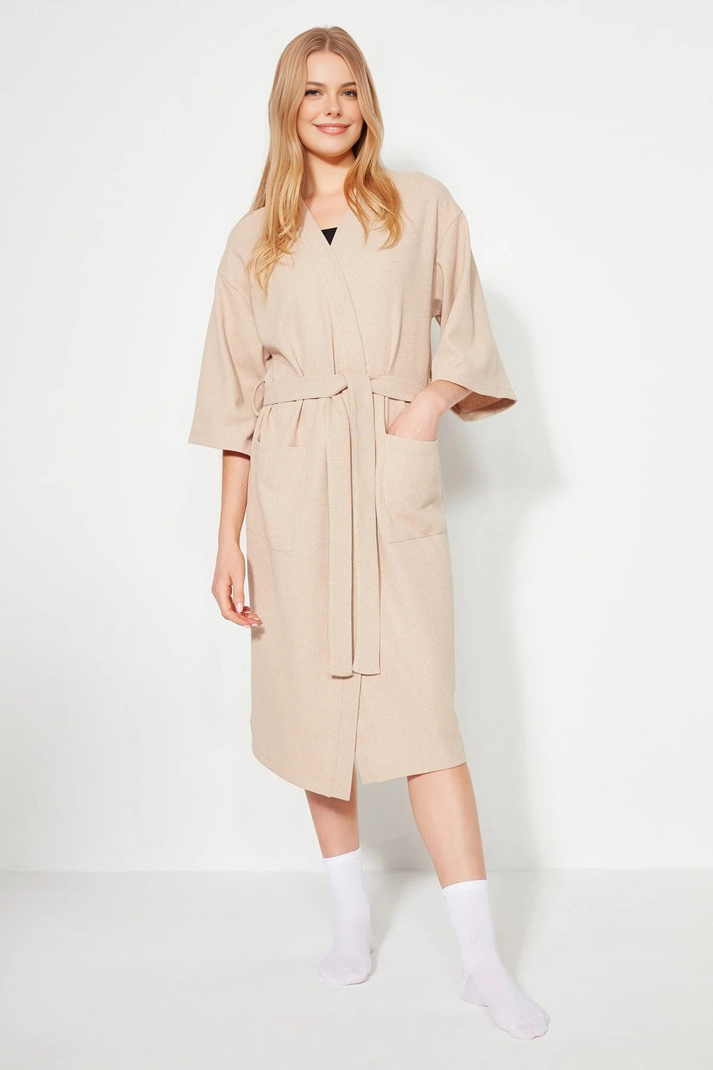 Textured Knit Dressing Gown with Belt