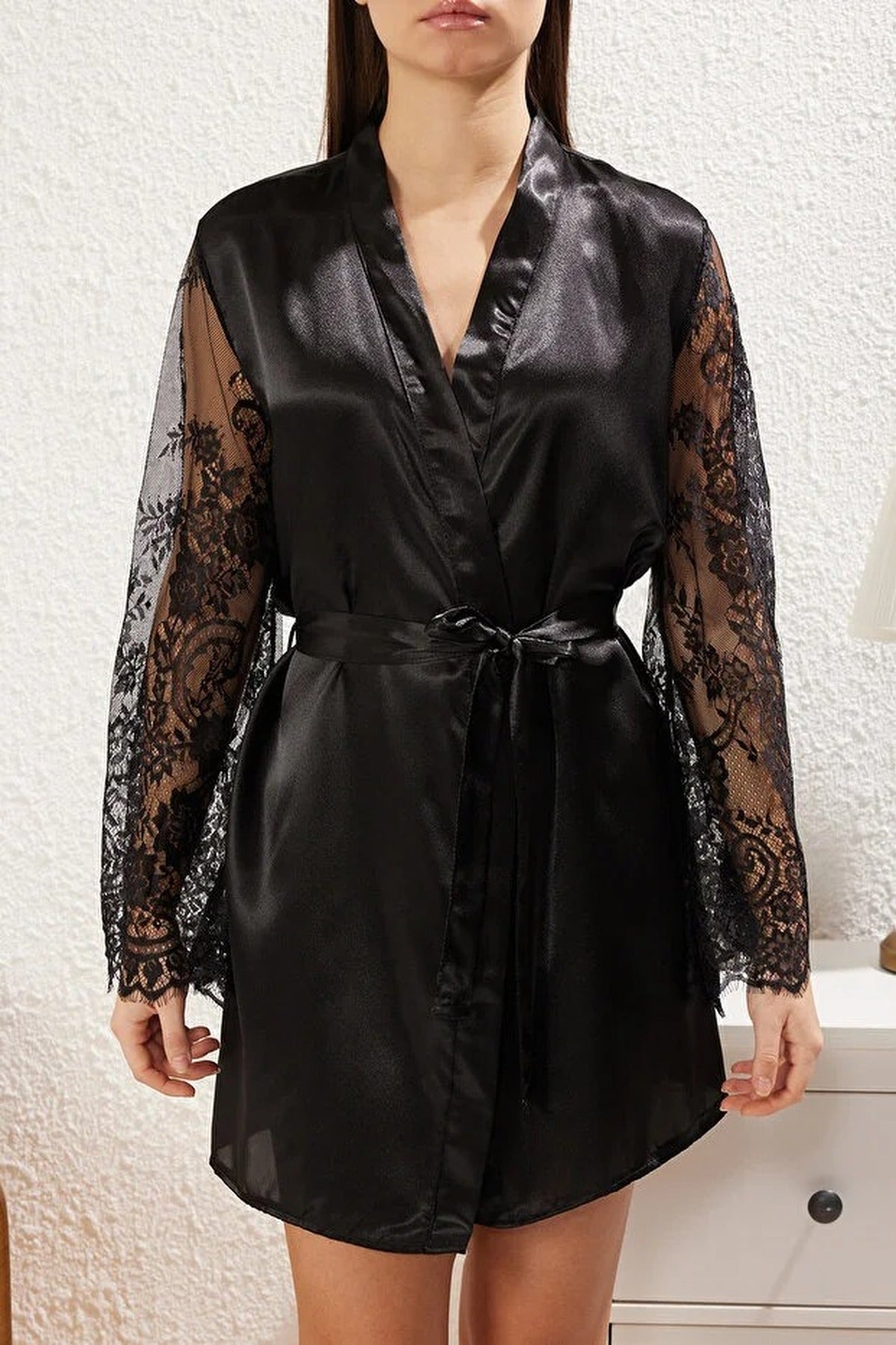 Satin Woven Dressing Gown with Lace and Belt Detail