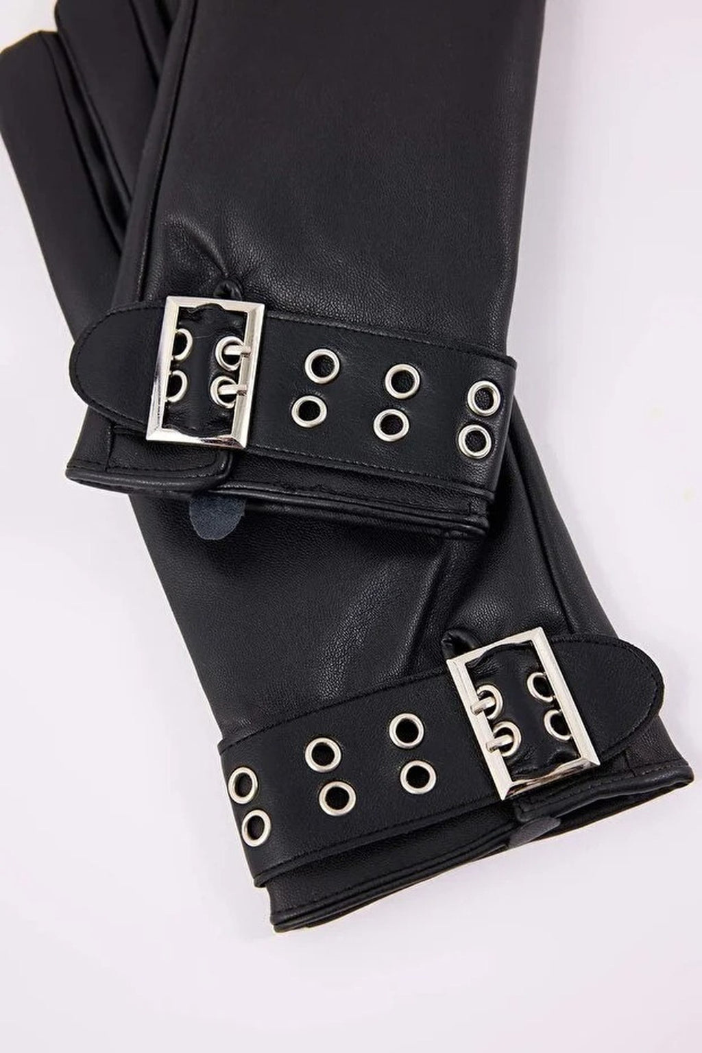 Women's Faux Leather Gloves with Belt Detail