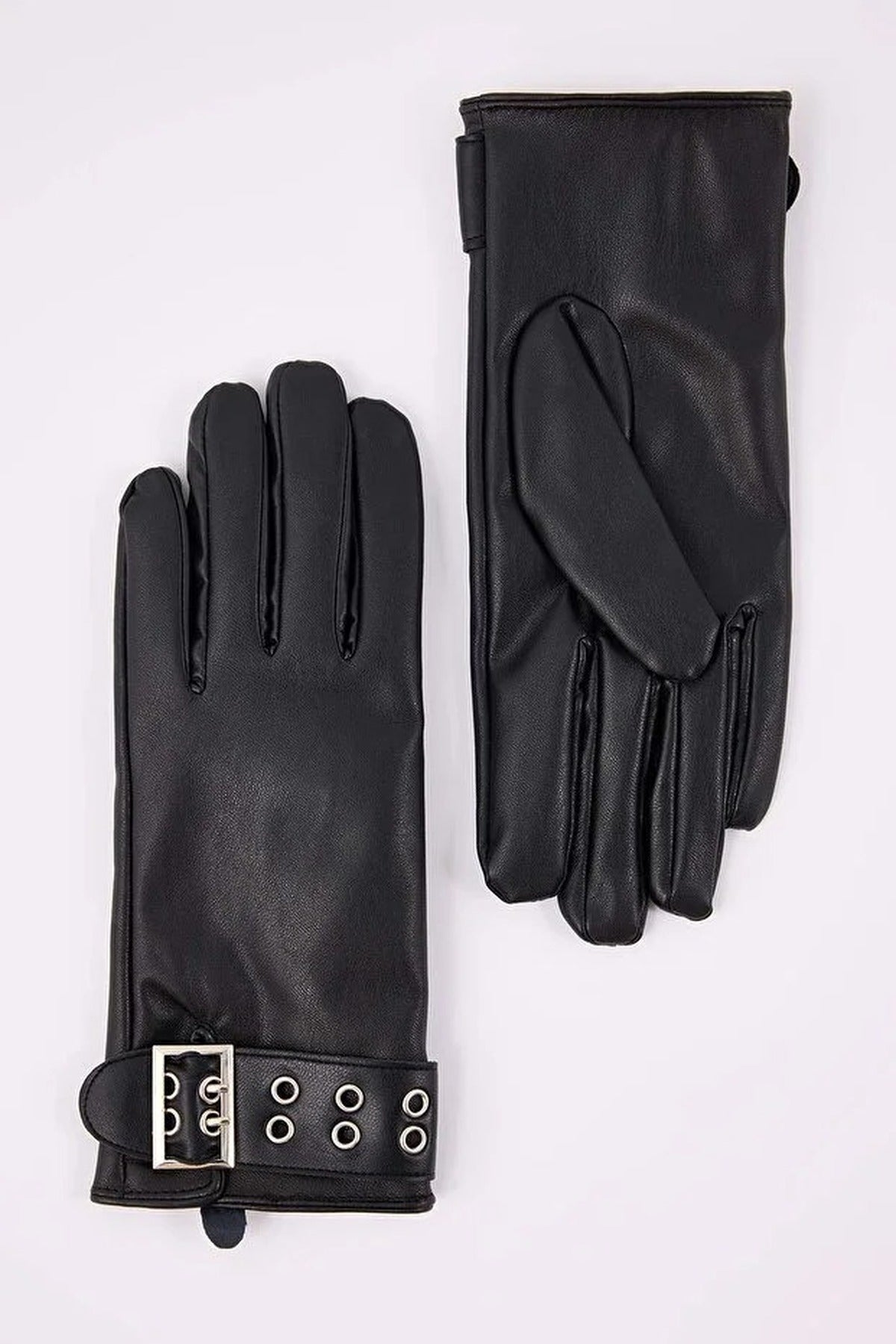 Women's Faux Leather Gloves with Belt Detail