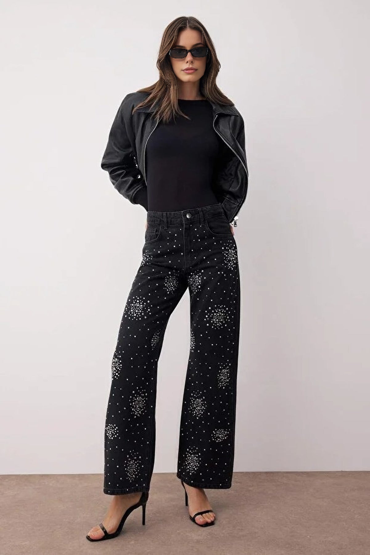 High Waist Stone Detailed Wide Leg Jeans