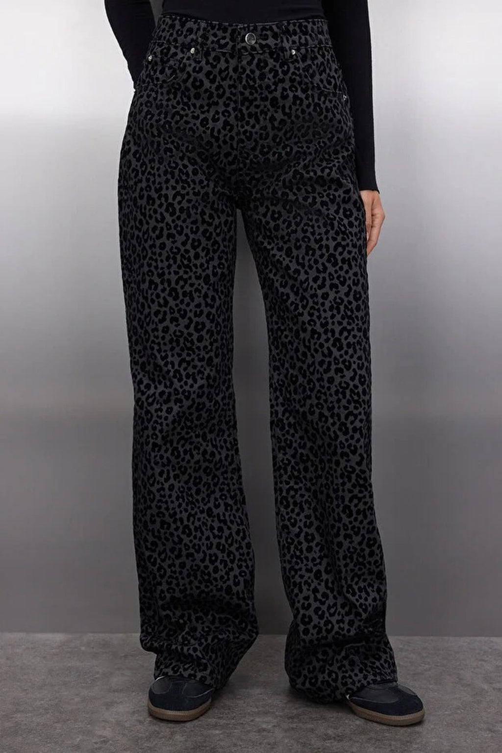 Suede Look Leopard Print High Waist Wide Leg Jeans