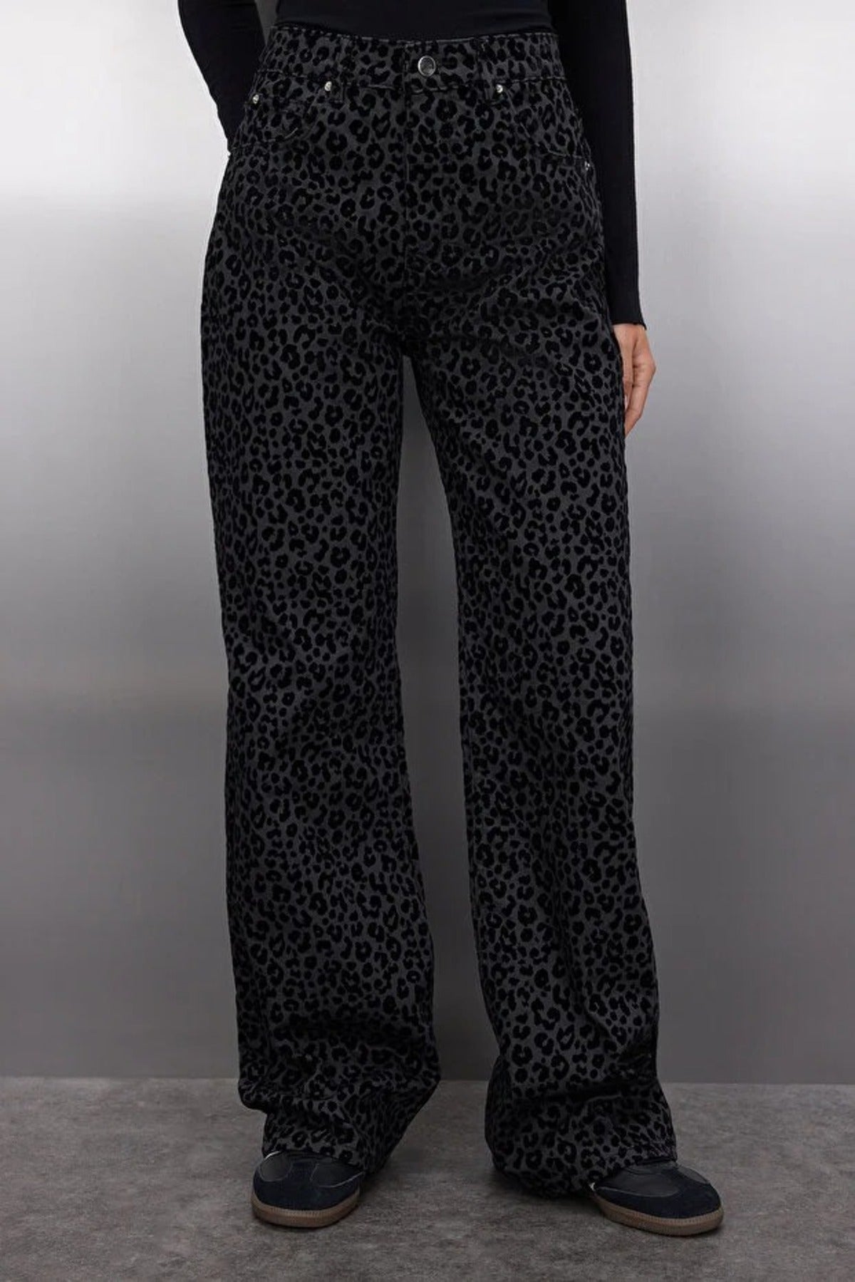 Suede Look Leopard Print High Waist Wide Leg Jeans