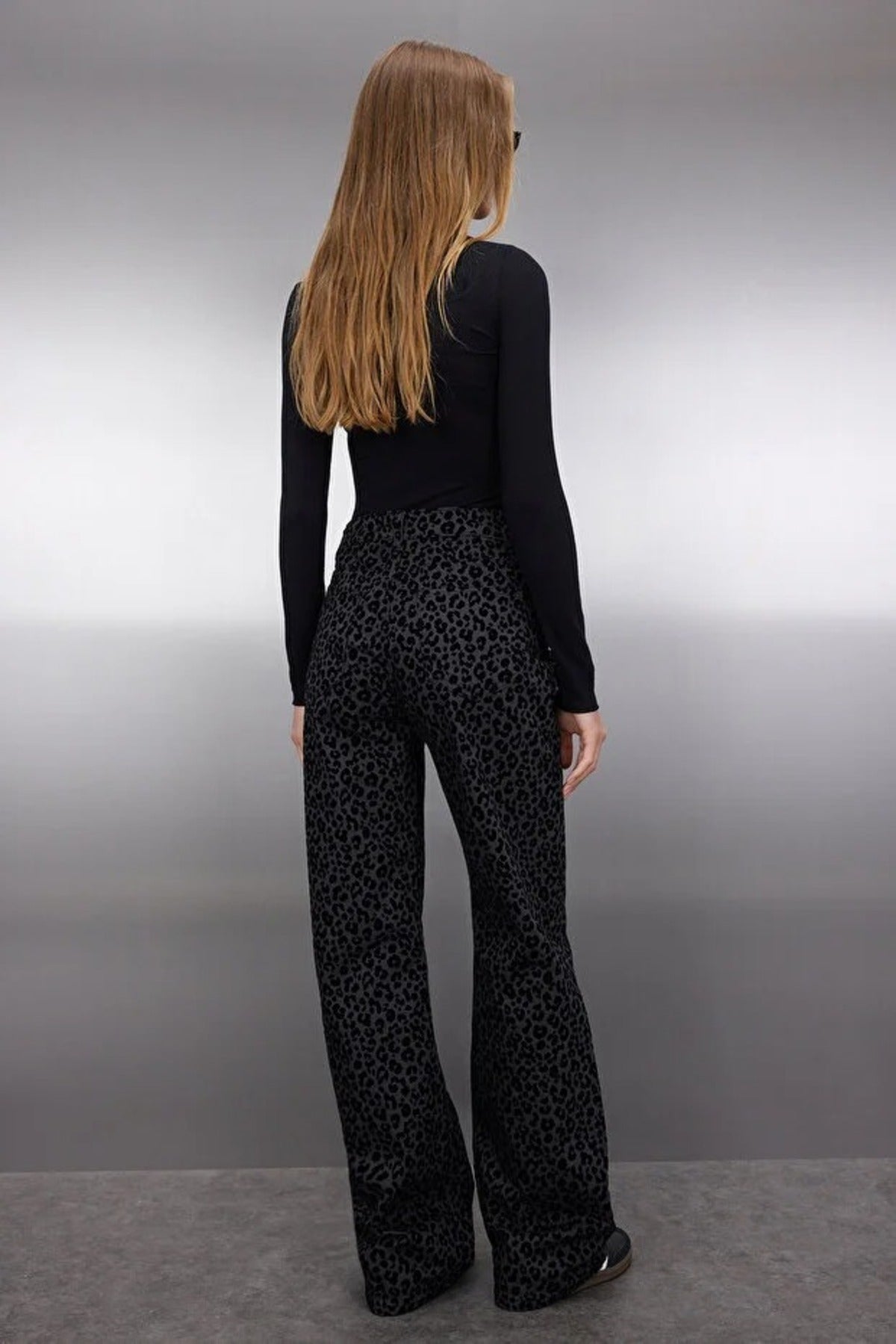 Suede Look Leopard Print High Waist Wide Leg Jeans