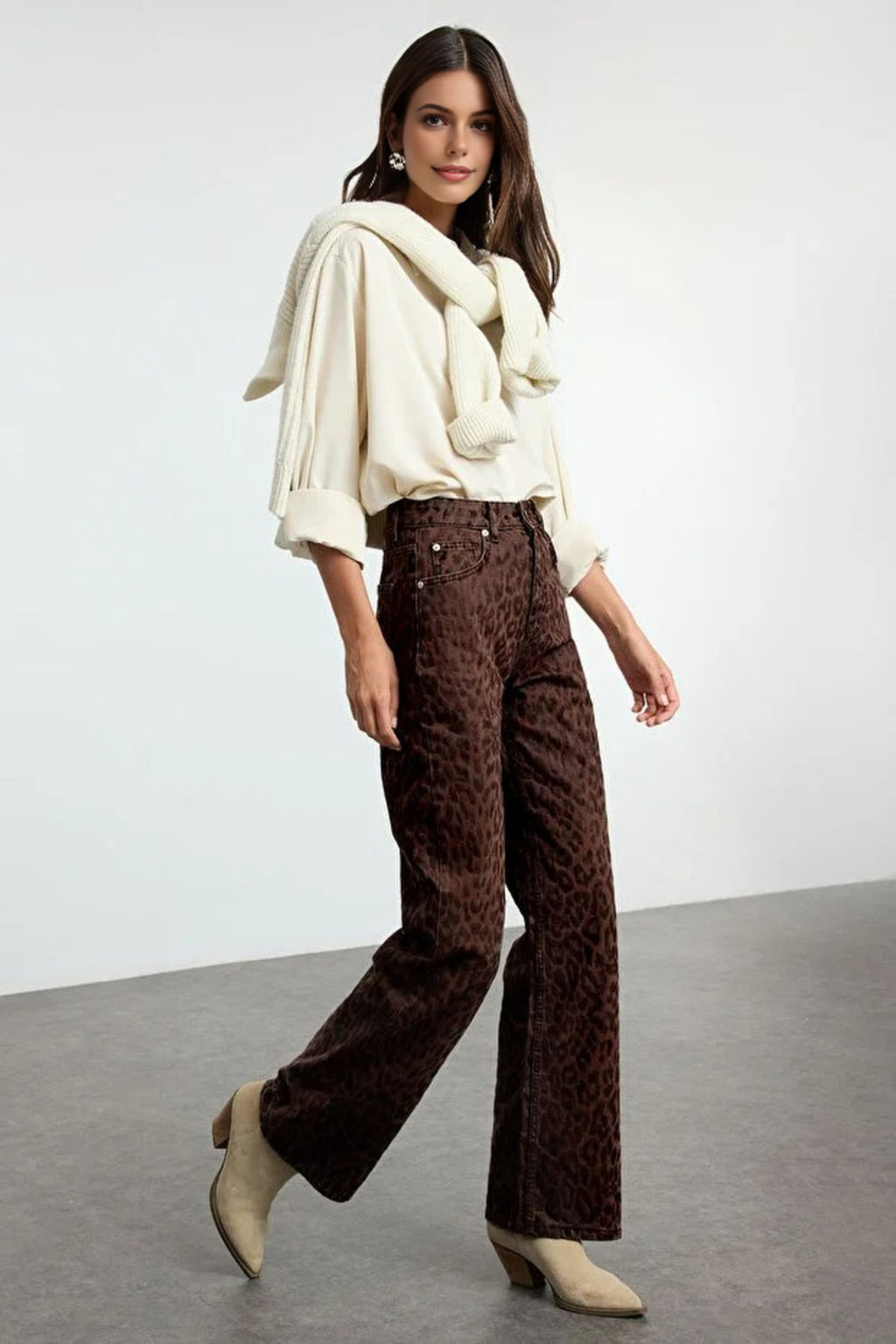 Suede Look Leopard Print High Waist Wide Leg Jeans