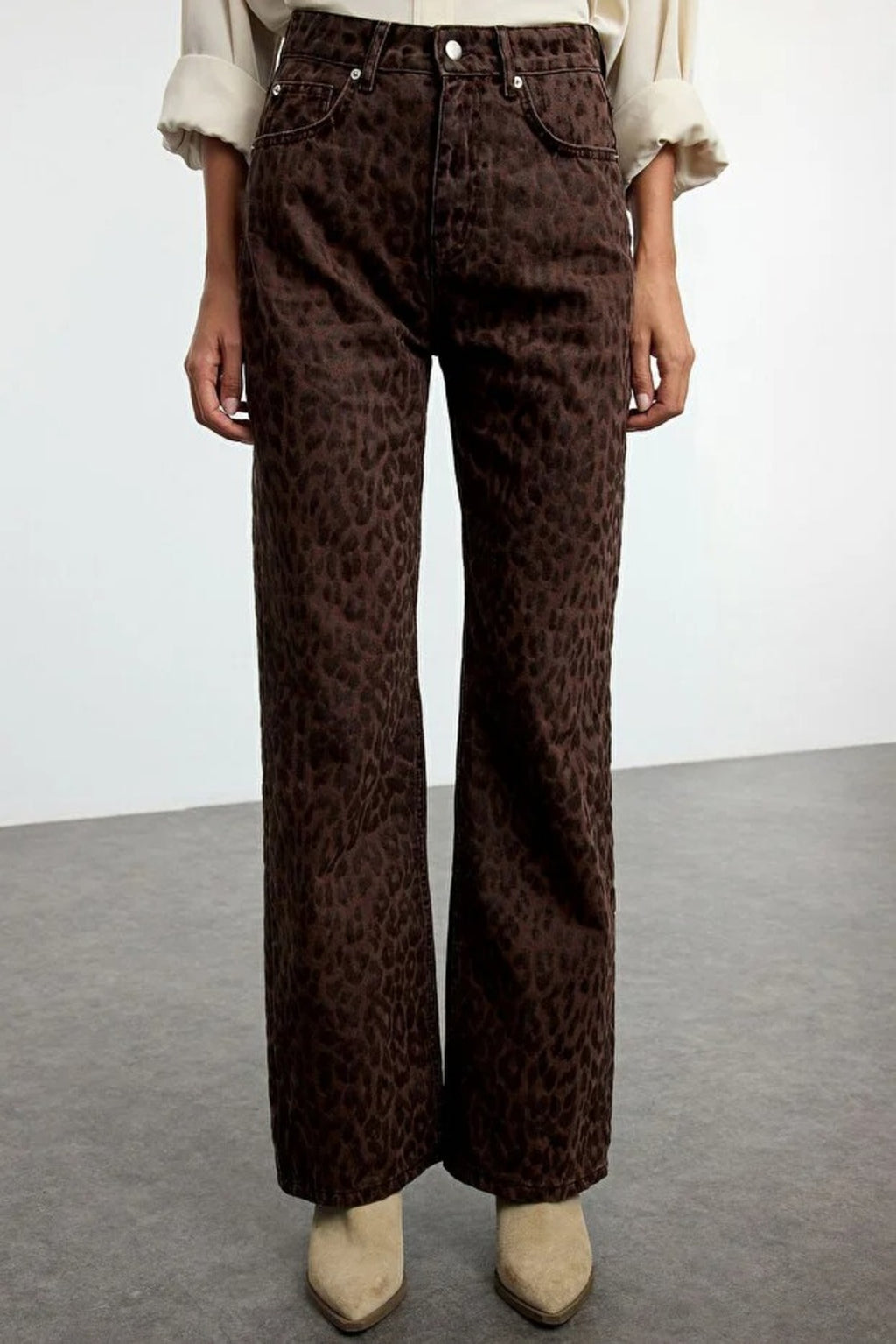 Suede Look Leopard Print High Waist Wide Leg Jeans