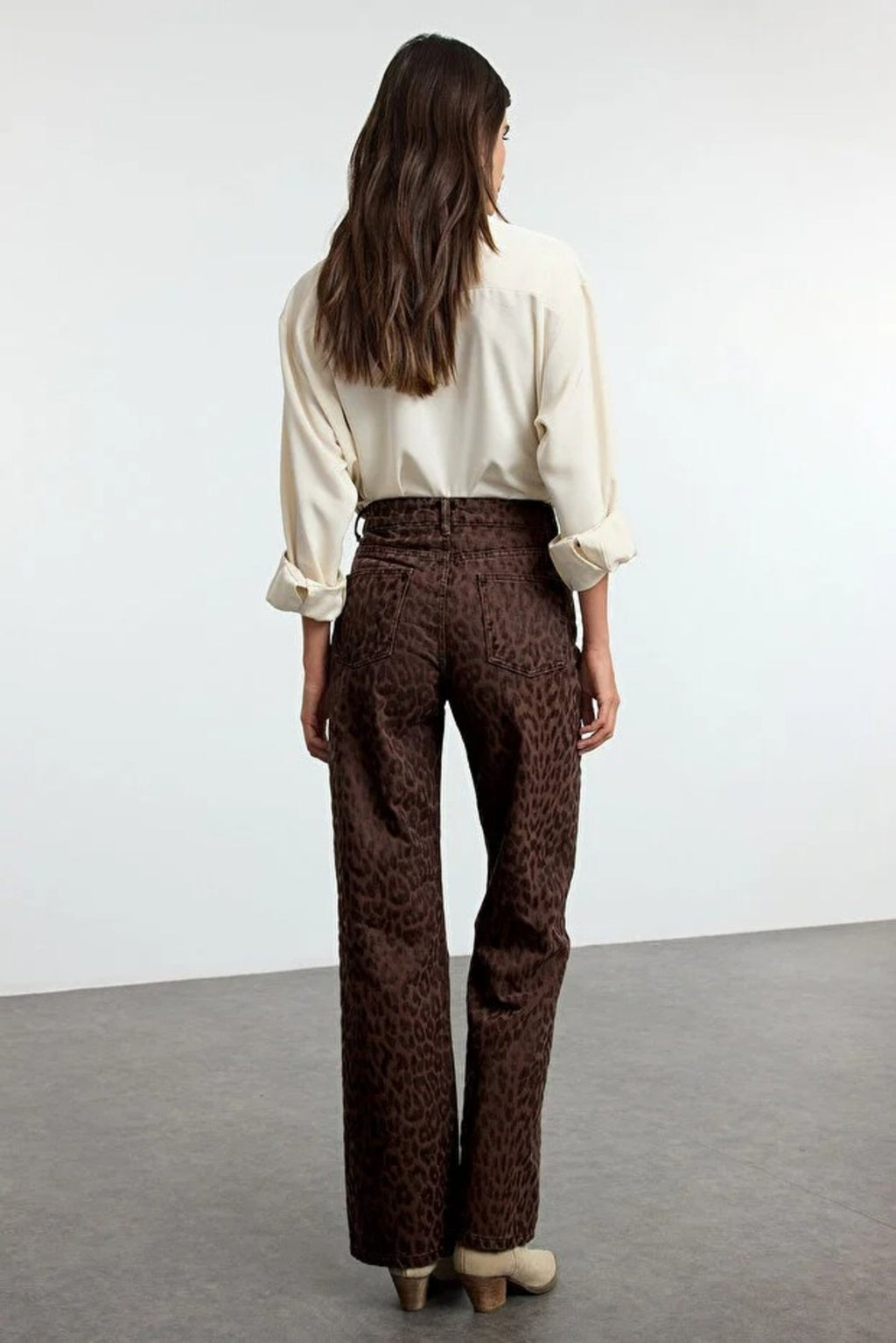 Suede Look Leopard Print High Waist Wide Leg Jeans