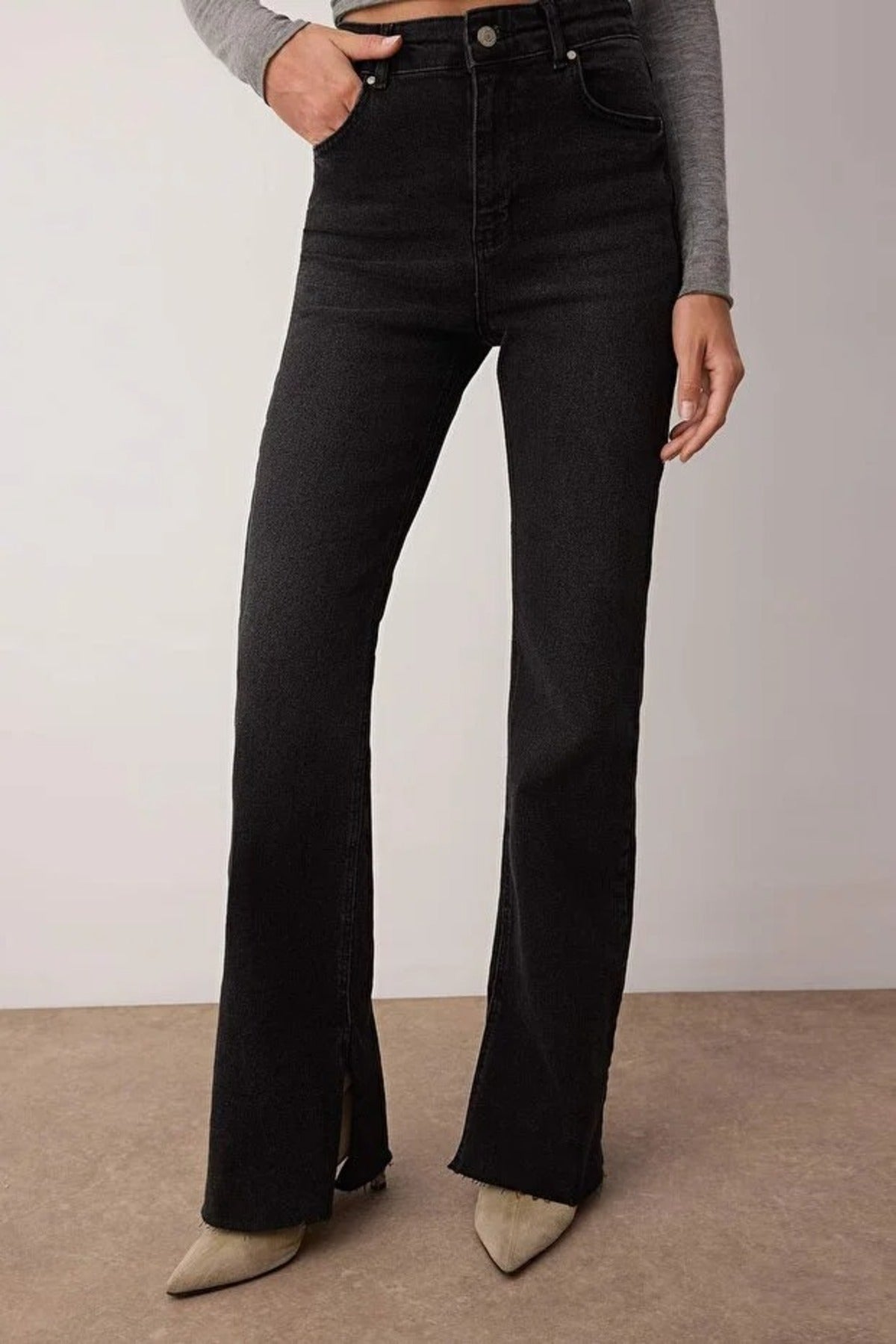High Waist Flare Smoke Jeans with Slit Detail