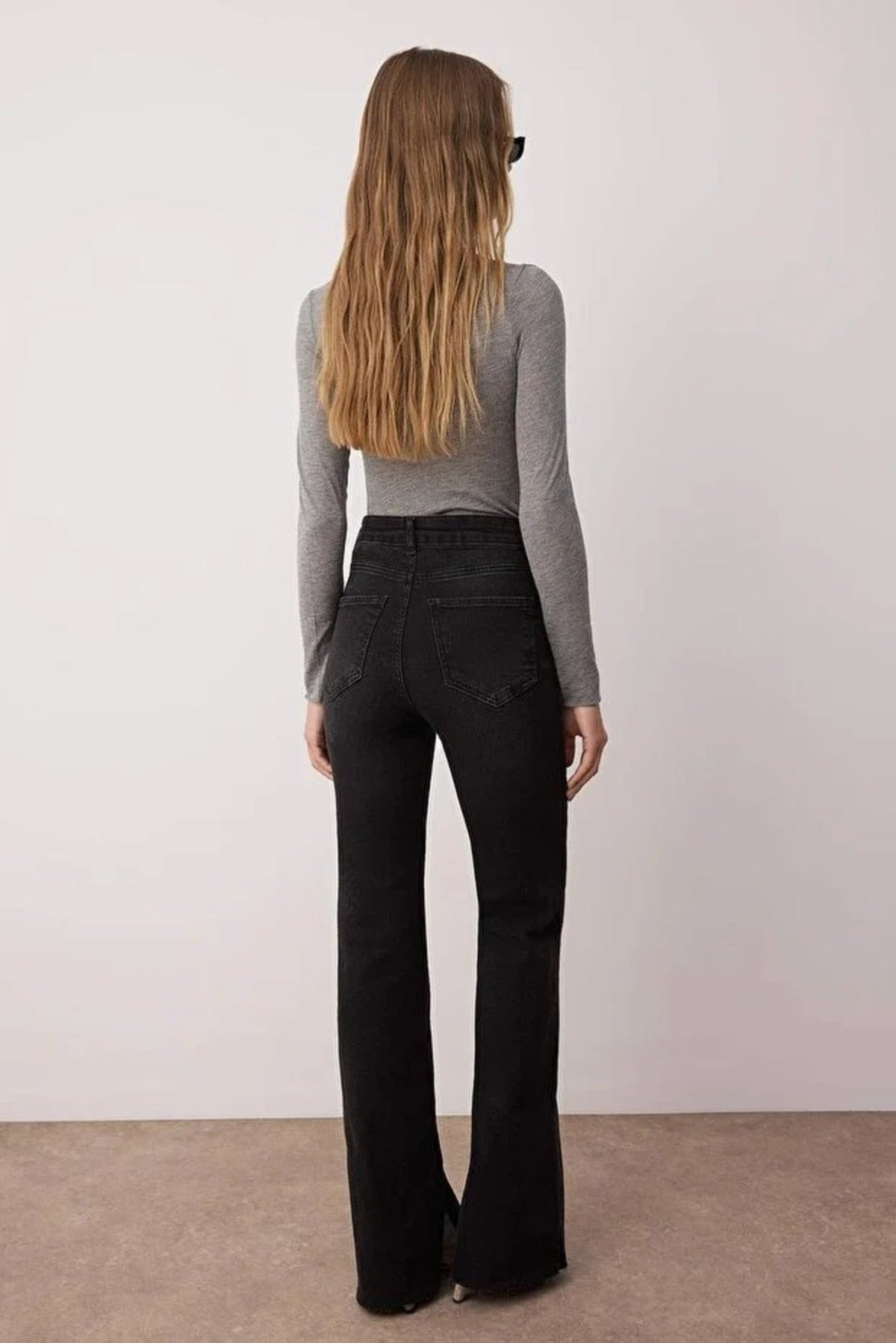 High Waist Flare Smoke Jeans with Slit Detail