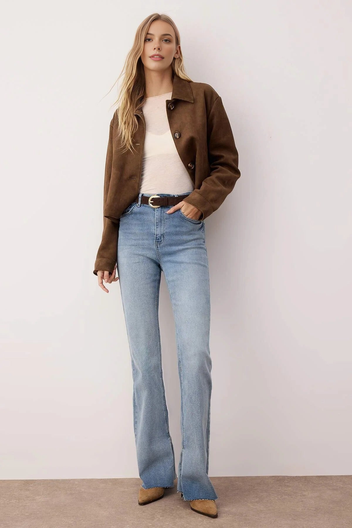 High Waist Flare Smoke Jeans with Slit Detail