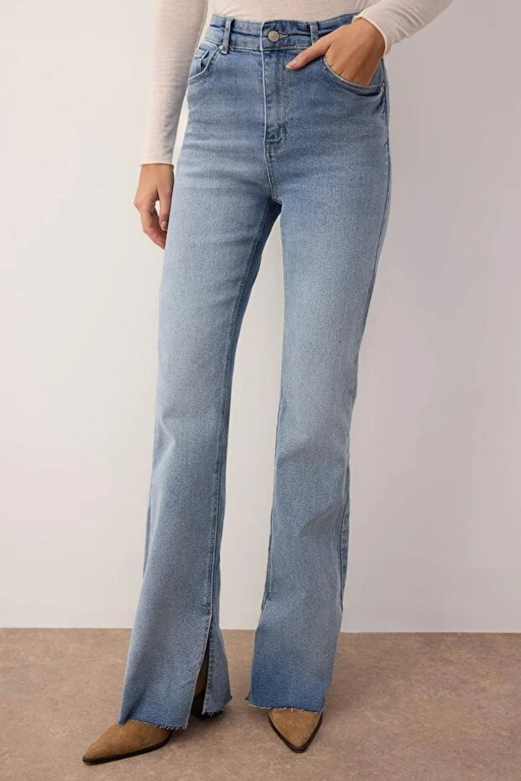 High Waist Flare Smoke Jeans with Slit Detail