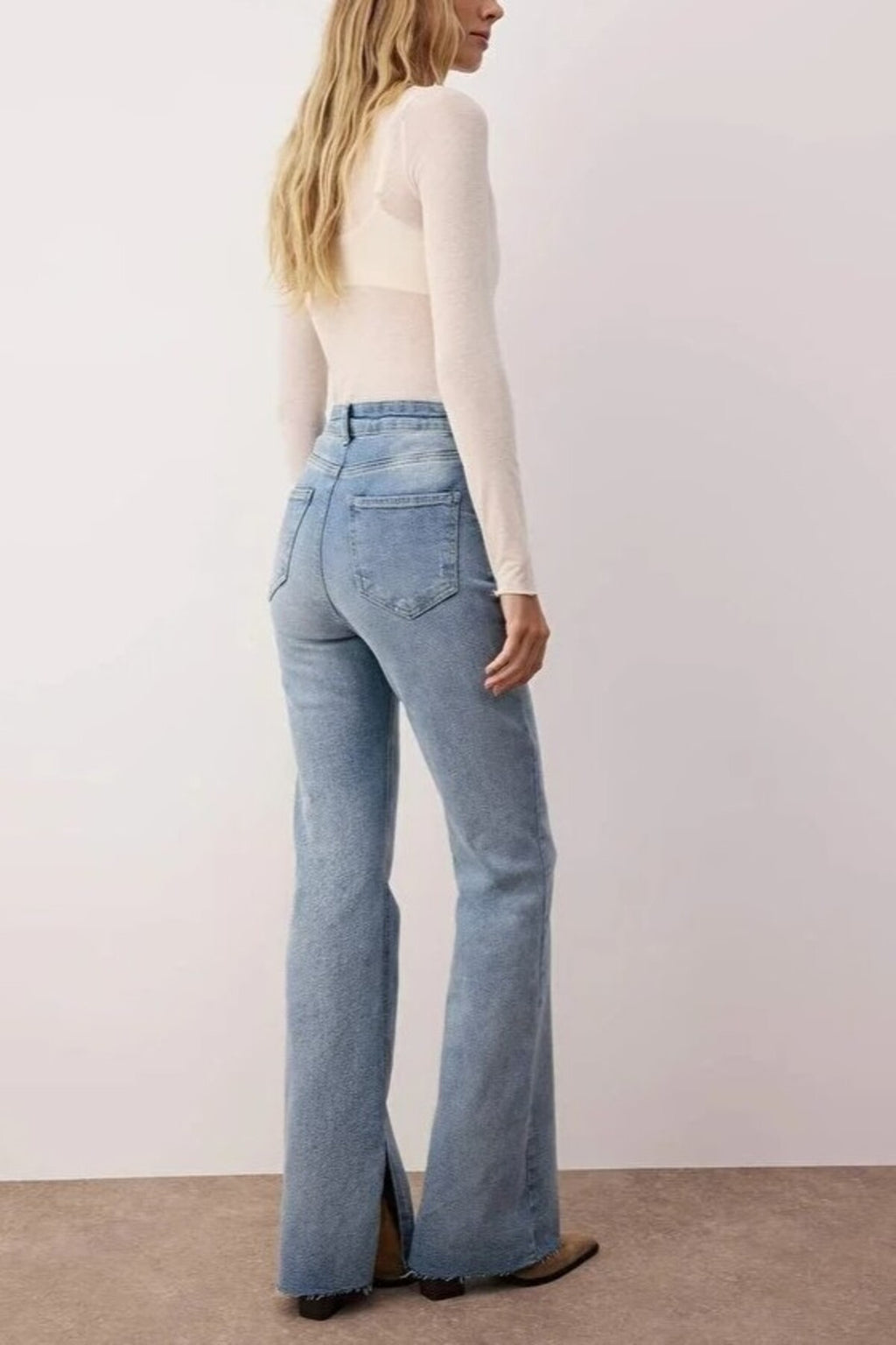 High Waist Flare Smoke Jeans with Slit Detail