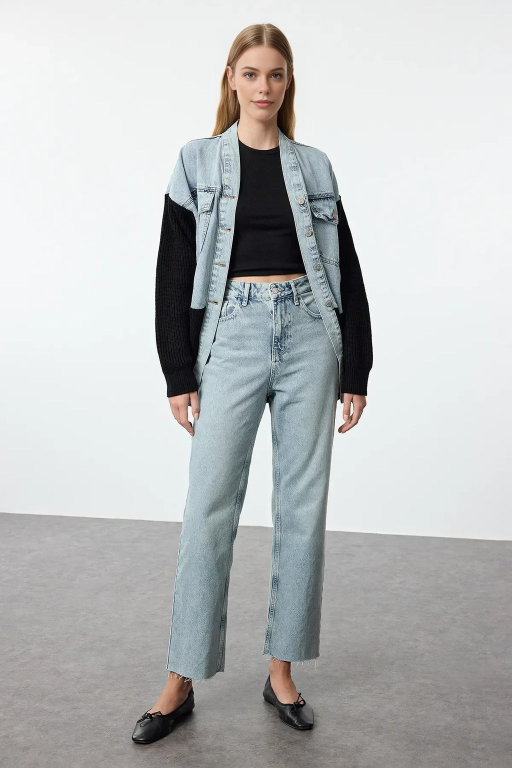 High Waist Straight Jeans with Cut-Out Legs