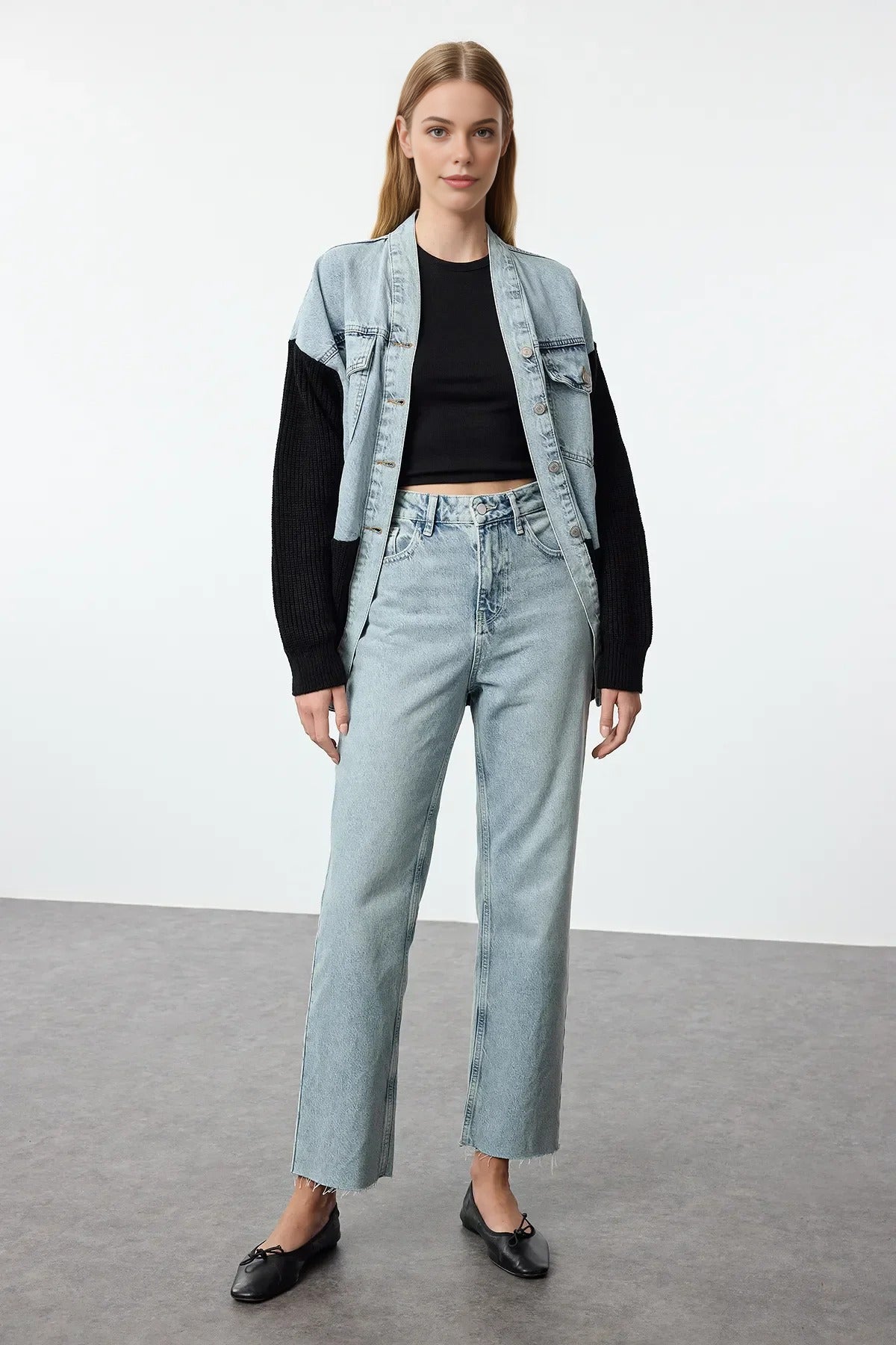 High Waist Straight Jeans with Cut-Out Legs