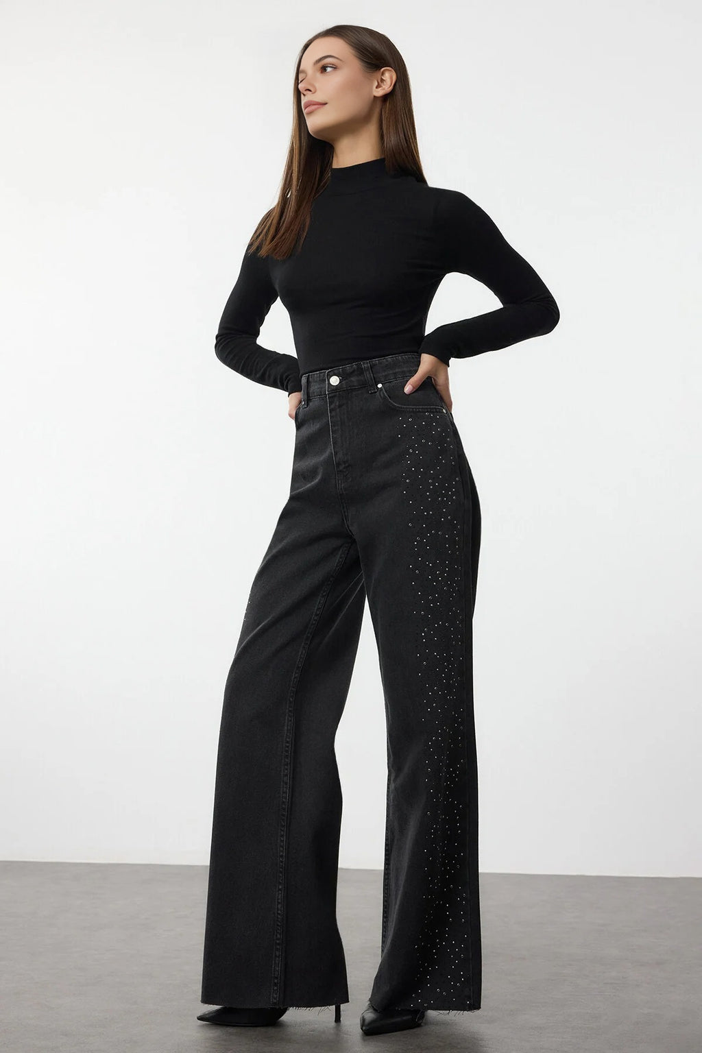 High Waist Wide Leg Jean with Stone Detail